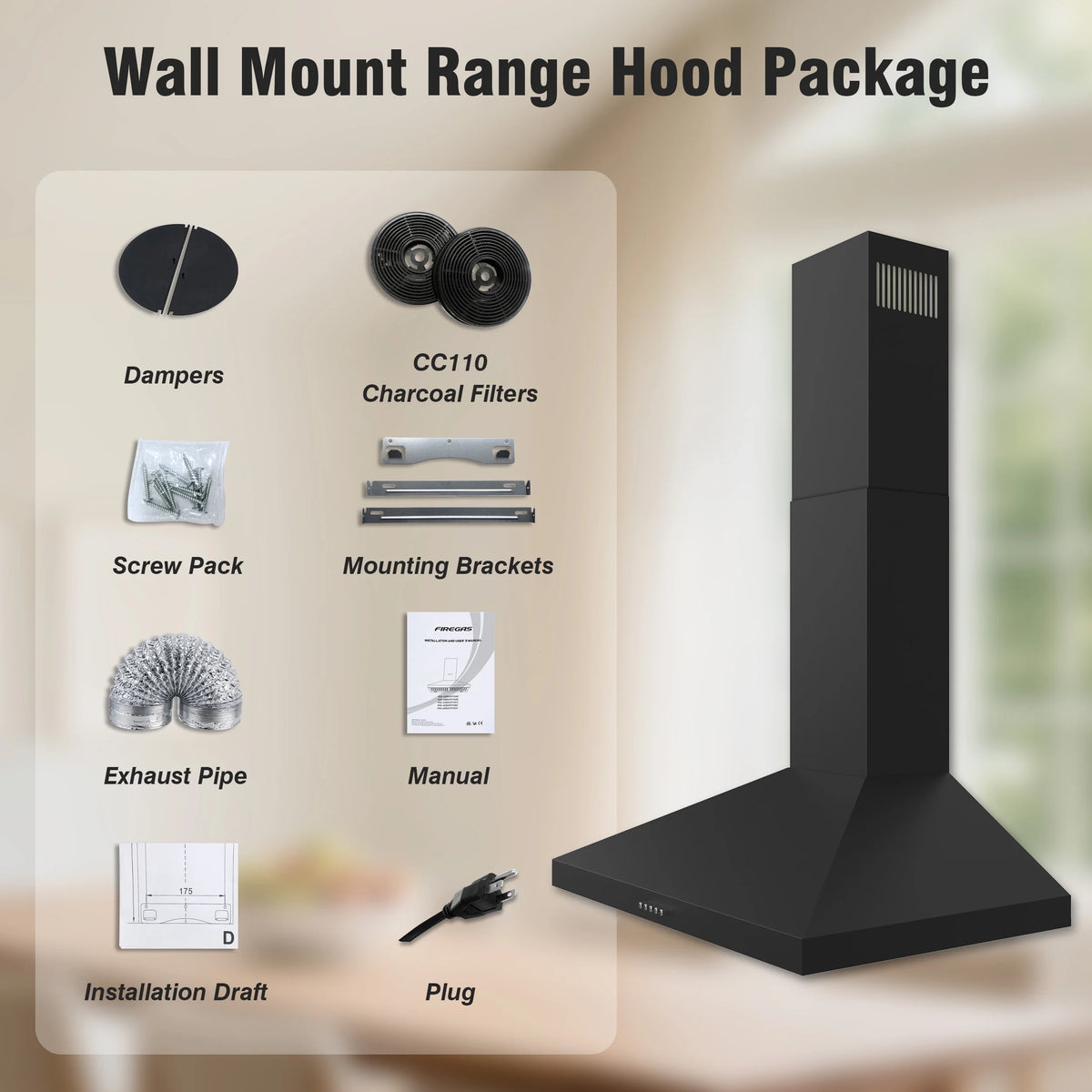 FIREGAS Wall Mount Range Hood 30 inch Black Vent Hood for Kitchen400 CFM with Ducted Convertible Ductless Kitchen Hood in Stainless Steel, 3-speed Whole-House Fan, LED Lights