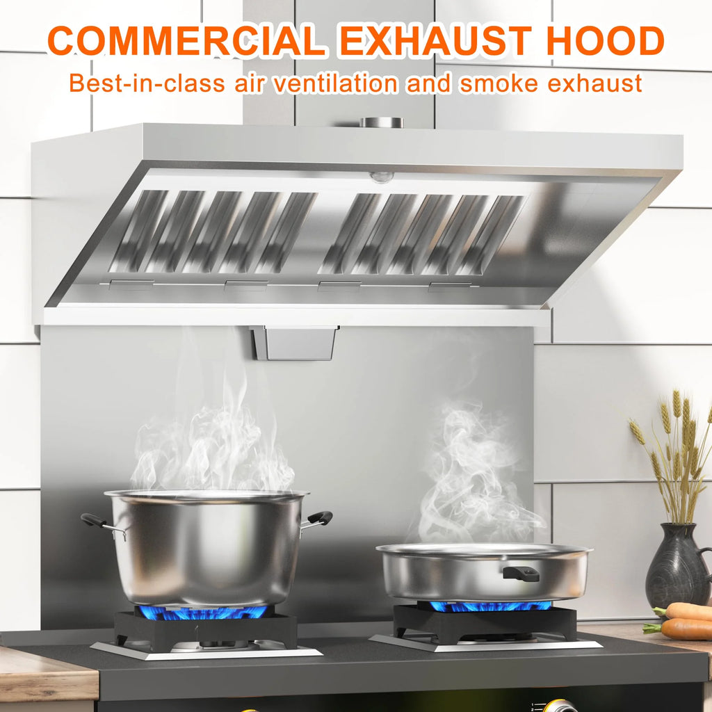 HAN'KITCHEN'LON'S 4FT Stainless Steel Commercial Exhaust Hood for Concession Trailers, featuring 2 Removable Filters, Grease Cup, Hood Light, and Rust Resistance. NSF Listed for Restaurant Use