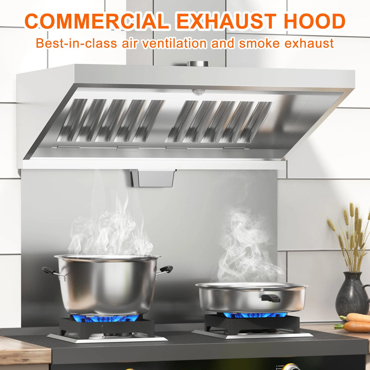 HAN'KITCHEN'LON'S 4FT Stainless Steel Commercial Exhaust Hood for Concession Trailers, featuring 2 Removable Filters, Grease Cup, Hood Light, and Rust Resistance. NSF Listed for Restaurant Use