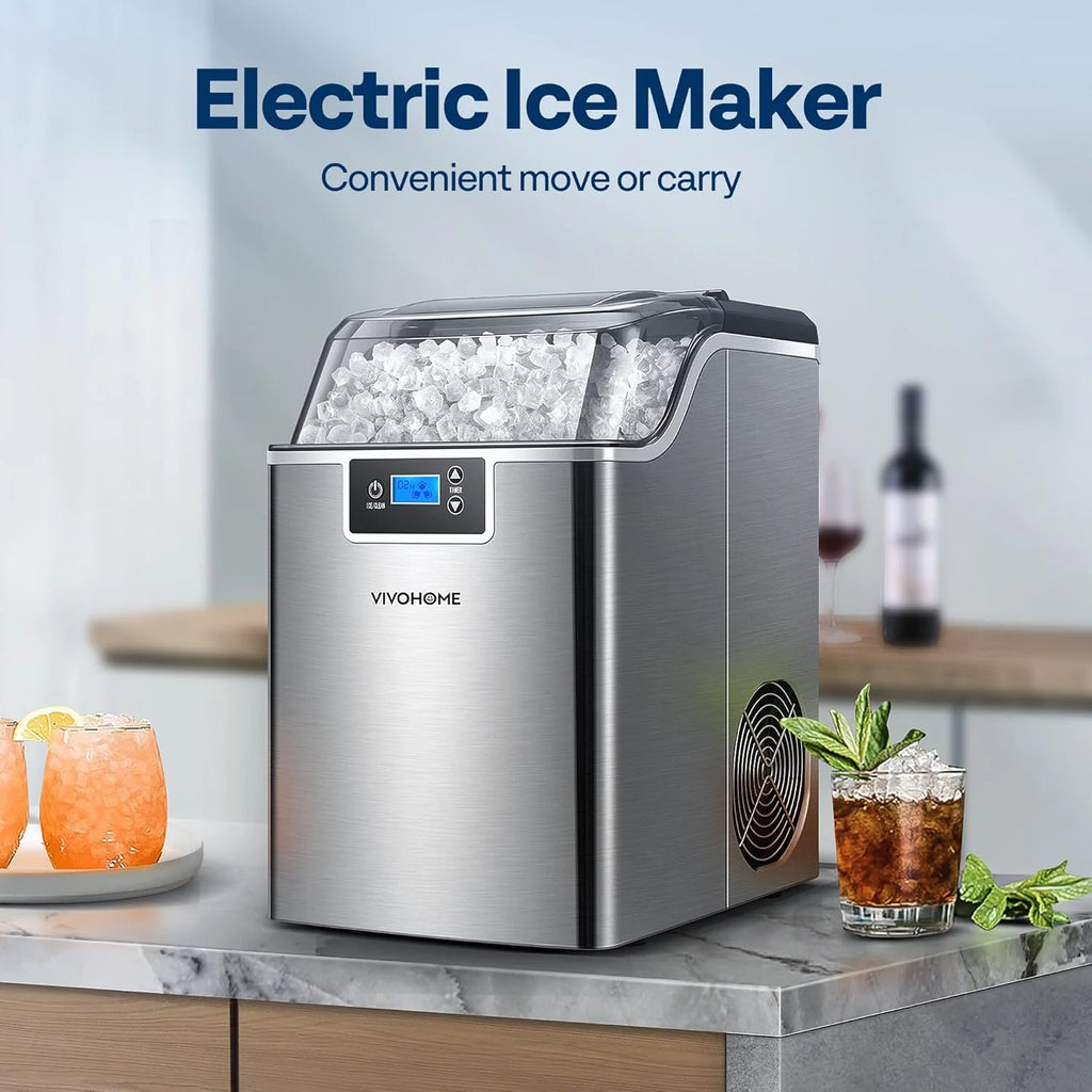 SPECSTAR Nugget Ice Maker Machine, Countertop Ice Maker with Hand Scoop 10 Ice Bags and Self Cleaning Function 44lbs/Day, Silver