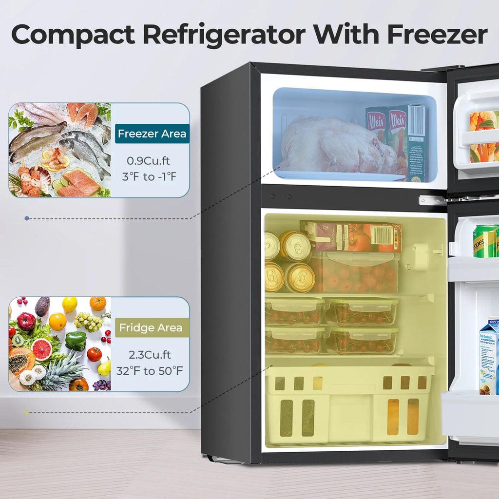 WAA 3.1 Cu.Ft Mini Fridge with Freezer,2 Door Compact Refrigerator,Mini Fridge with Adjustable Removable Glass Shelves for Bedroom,Office,Dorm or Apartment,Black