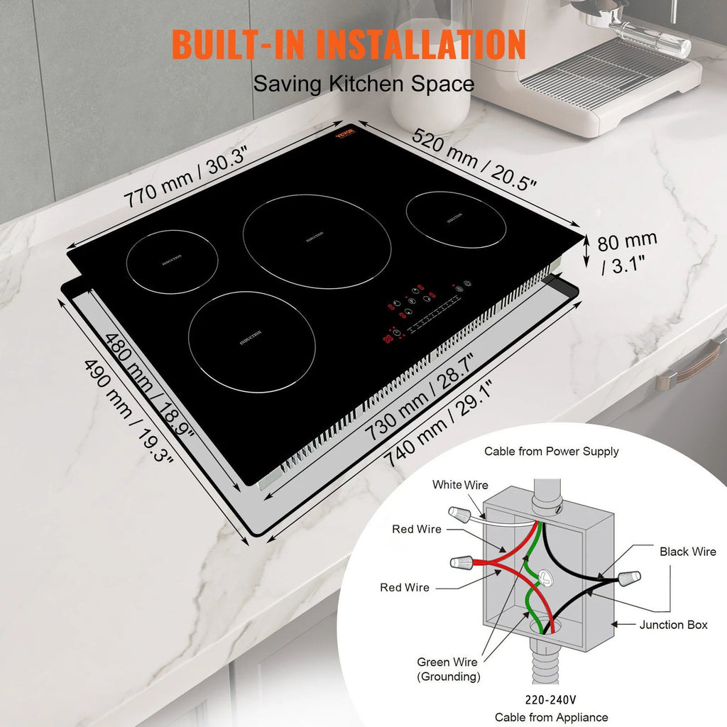 HCY Electric Cooktop, 4 Burners, 30'' Induction Stove Top, Built-in Magnetic Cooktop 7500W, 9 Heating Level Multifunctional Burner, LED Touch Screen with Child Lock & Over-Temperature Protection