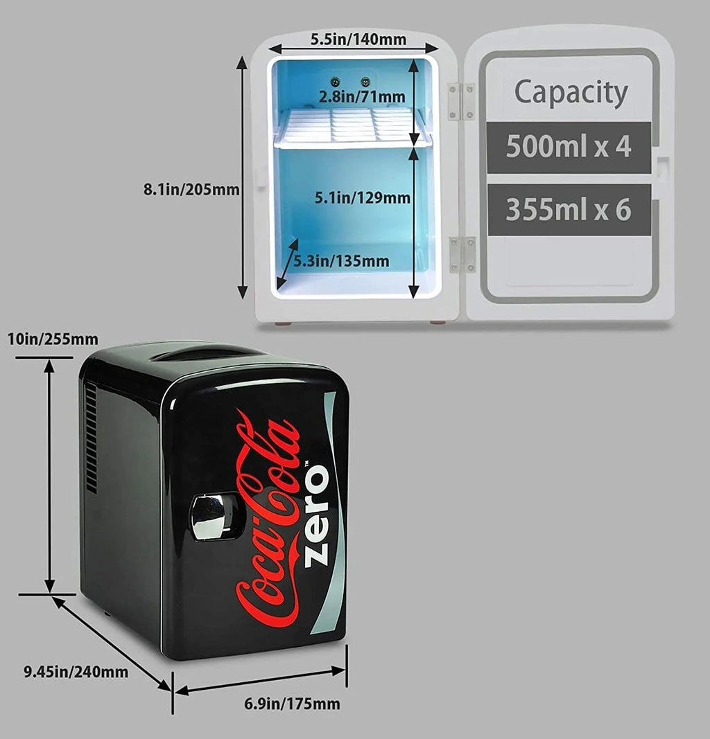 Coca-Cola Coke Zero 4L Portable Cooler/Warmer, Compact Personal Travel Fridge for Snacks Lunch Drinks Cosmetics, Includes 12V and AC Cords, Desk Accessory for Home Office Dorm Travel, Black