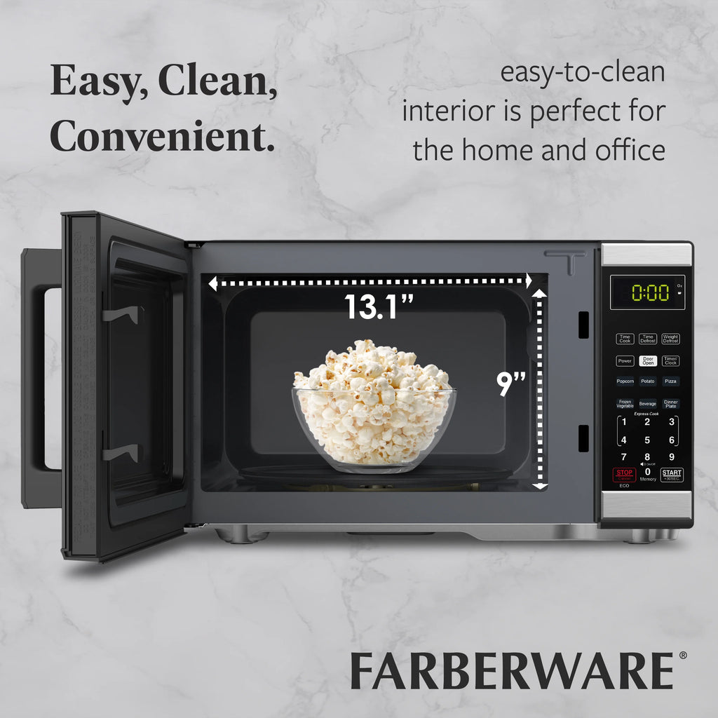 Farberware Countertop Microwave 900 Watts, .9 cu ft - Microwave Oven With Child Lock - Perfect for Apartments and Dorms - Easy Clean Grey Interior, Stainless Steel
