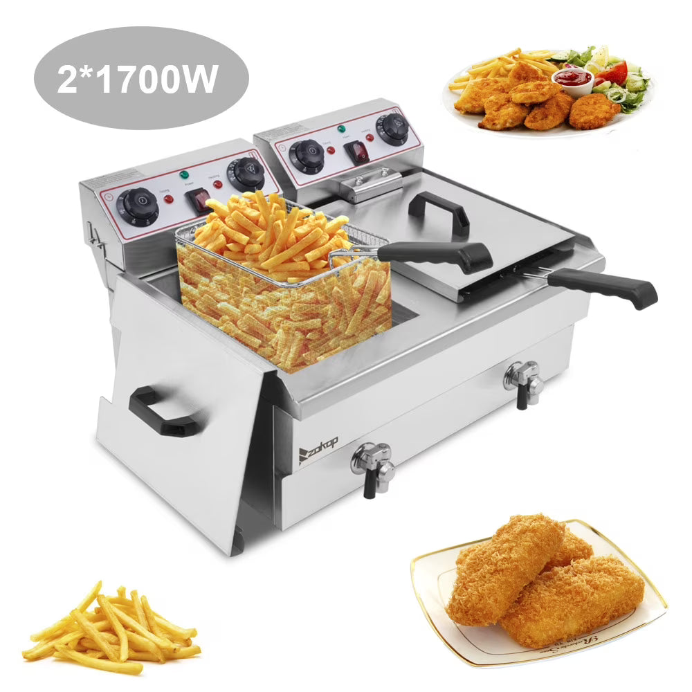 EH102V 110V 110V,3400W 24.9quart/23.6L Stainless Steel Double Cylinder Electric Fryer US Plug, Electric Deep Fryer Frying with 2 Faucets and Lids for Home Use, Adjustable Temperature, Easy to clean