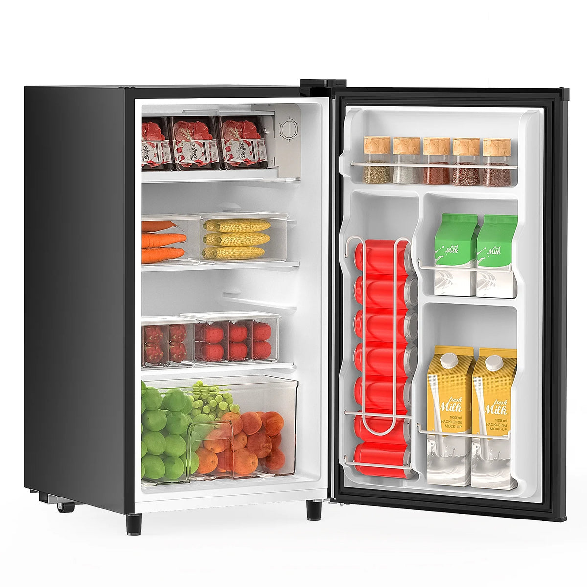 CONCETTA Mini Fridge With Freezer 3.2 Cu.Ft Single Door Adjustable Thermostat, Low Noise, For Bedroom, Office, Dorm, Black