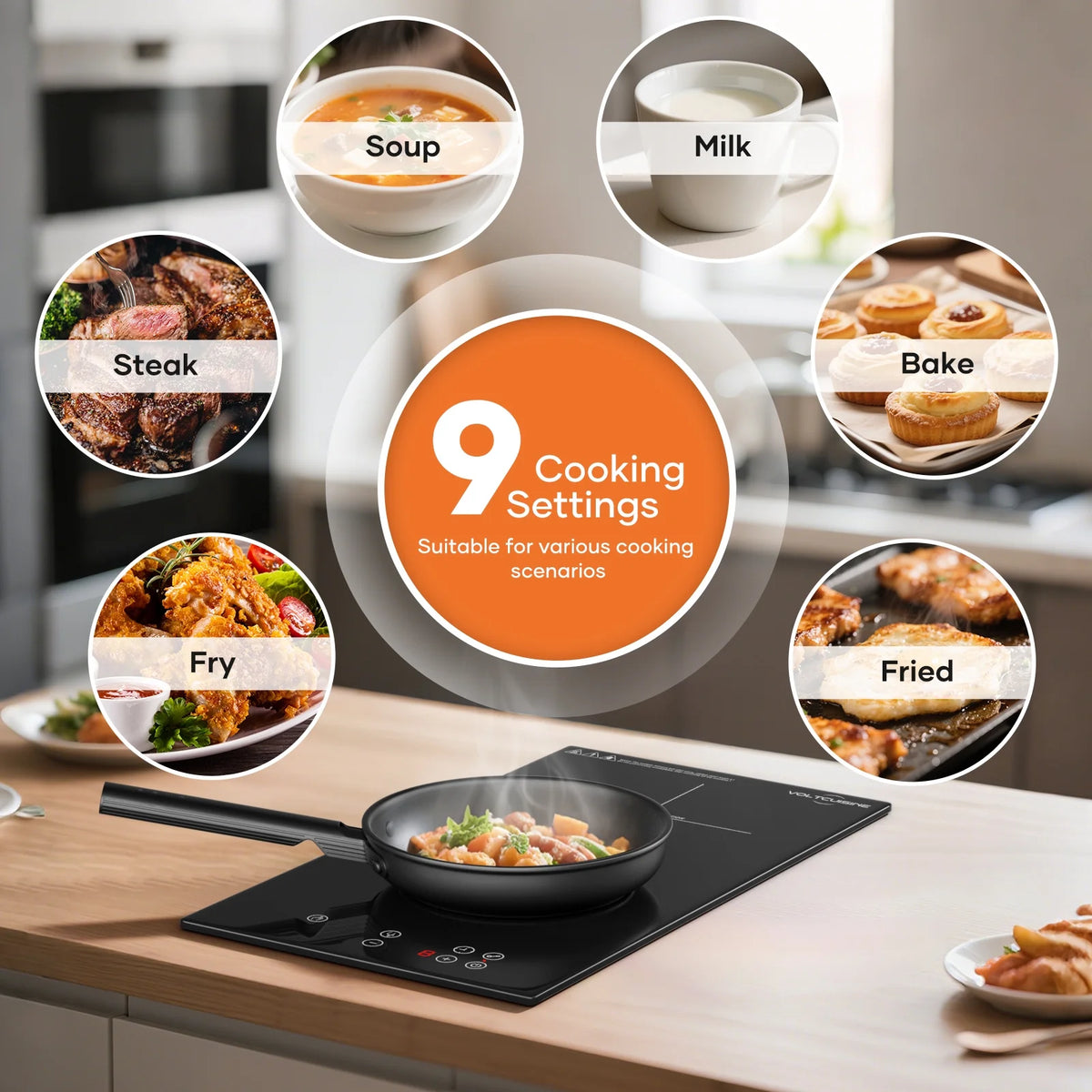 VoltCuisine Double/Dual Induction Cooktop 2 Burner, Shatter-proof Flat Glass Top, 9 Heat Settings, LED Touch Display with Child Safety Lock & Overheat Protection