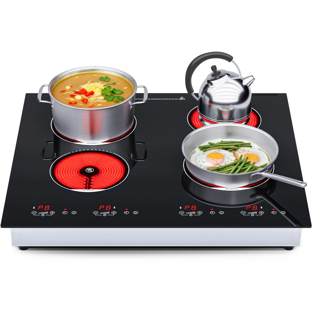 Advwin  4 Burner Electric Stove Top��24 Inch Built-in Electric Stove Top,6000W Electric Ceramic Cooktop with 4H Timer, Kid Safety Lock and Knob Control, 9 Heating Level,220v(No Plug)