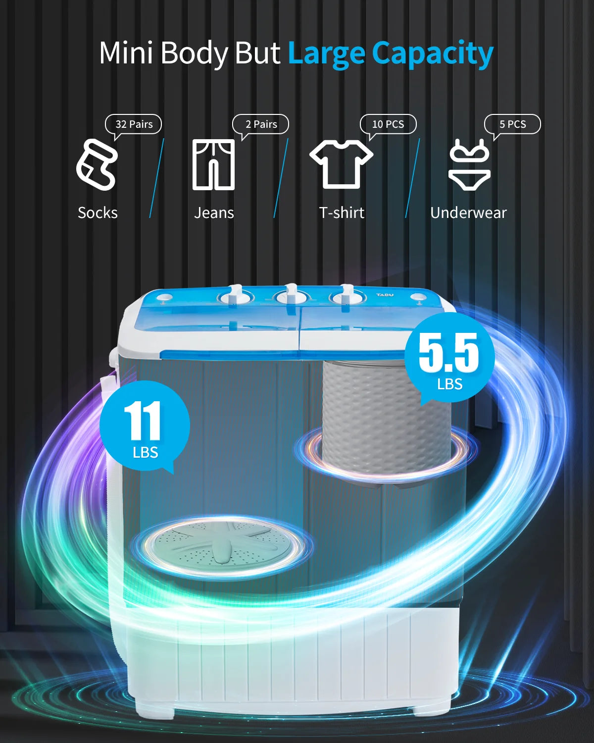TABU 16.5lbs Portable Washing Machine,Electric Twin Tub Wash&Spin Combo,Semi-Automatic Washer,Gray