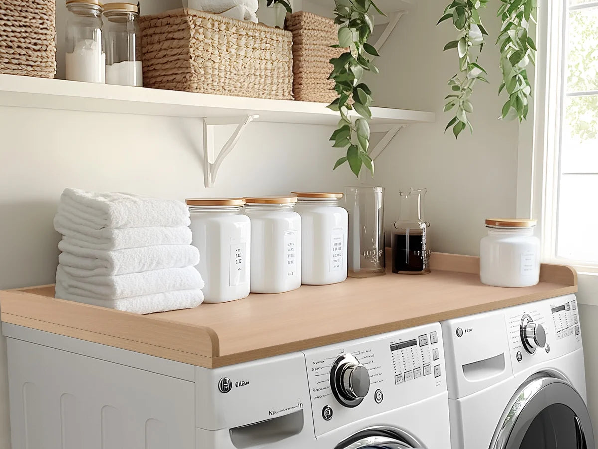 Kaboon Washer Dryer Countertop with Edge Rails, 27.5" x 54", Light Walnut