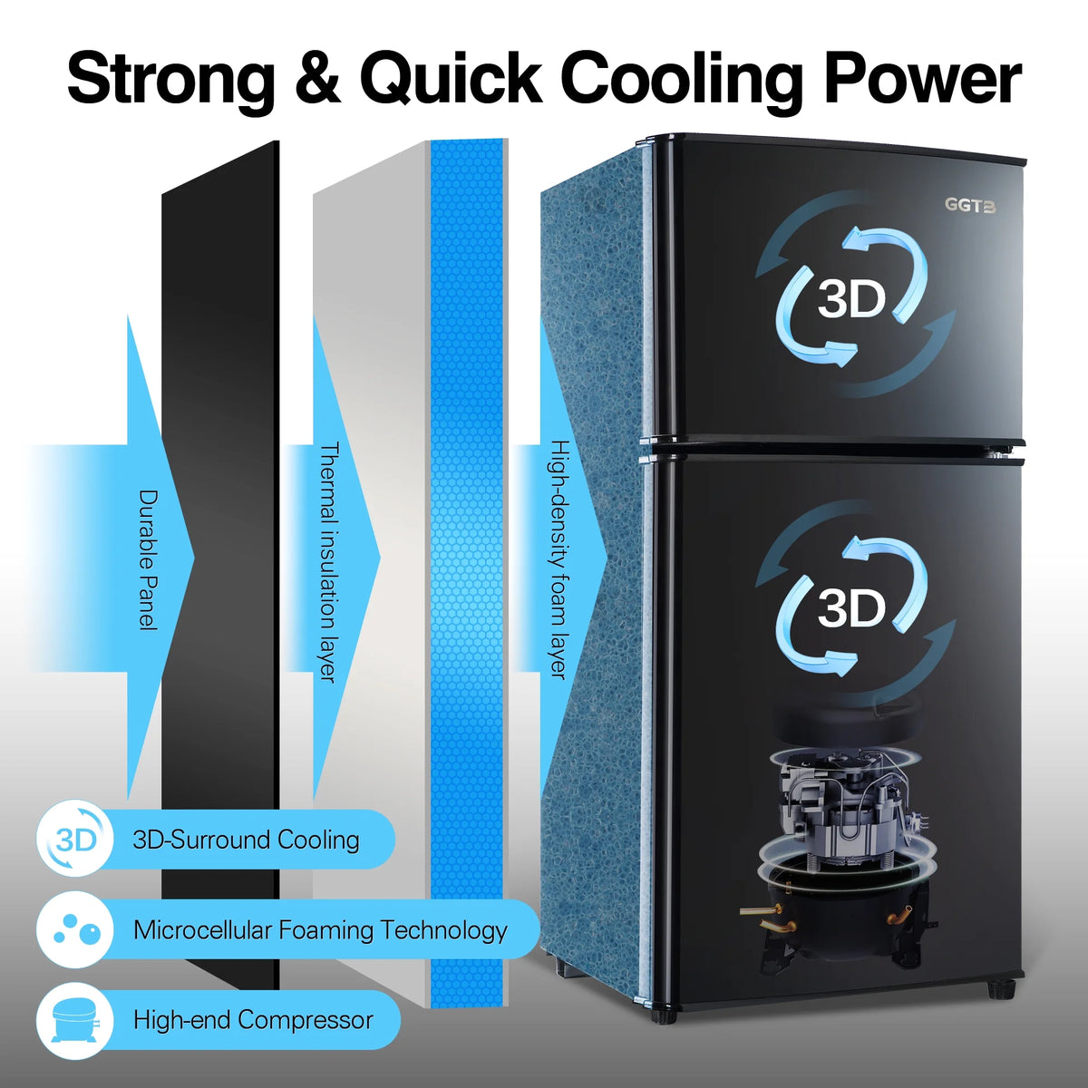 GGTB Retro Compact Two Door Refrigerator, Black, 3.0 Cu ft
