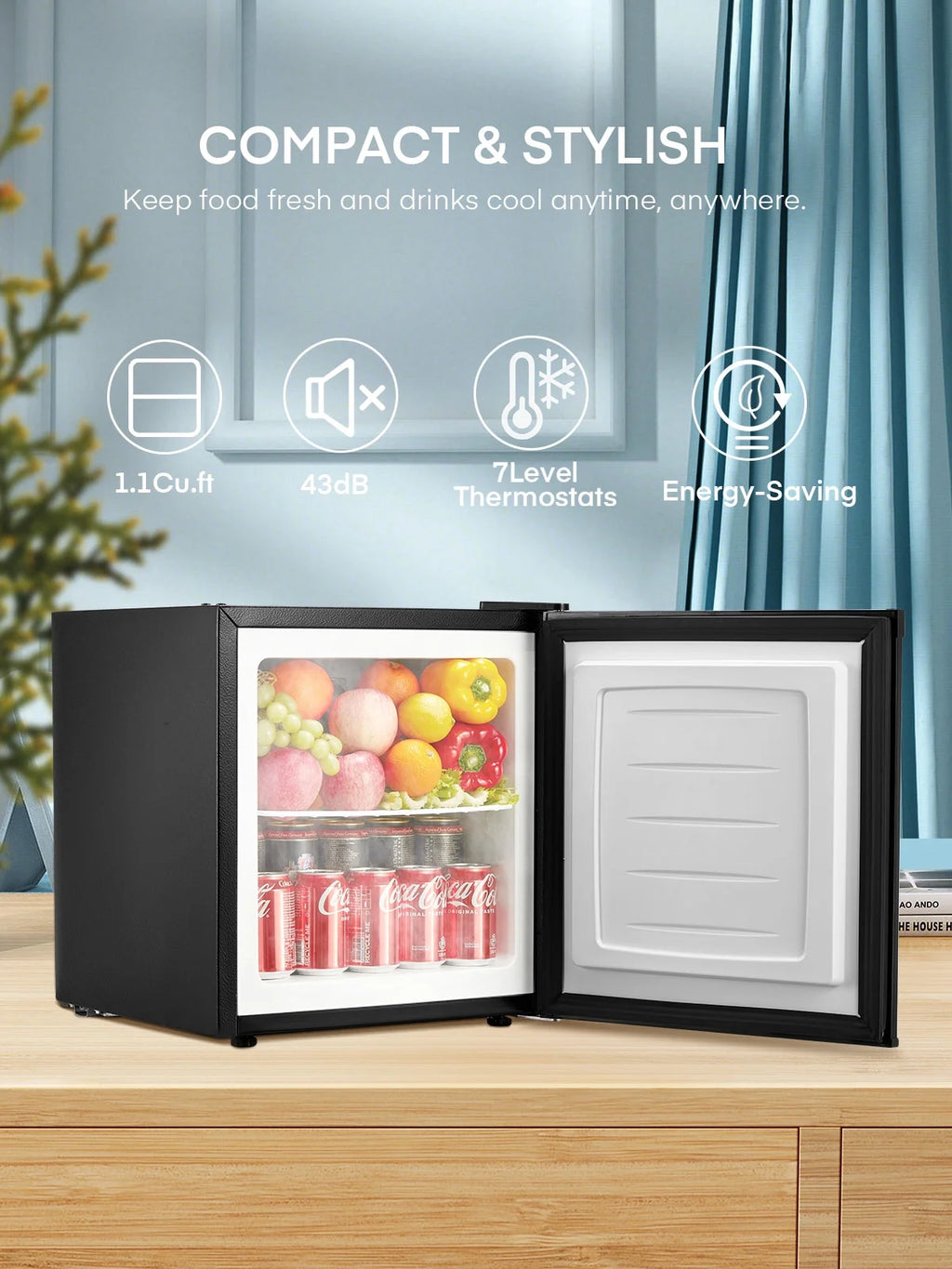 FOHERE 1.1 Cu.Ft Mini Freezer Countertop, Compact Upright Freezer with Reversible Door, Removable Shelves, Small freezer for Home/Dorms/Apartment/Office, Black