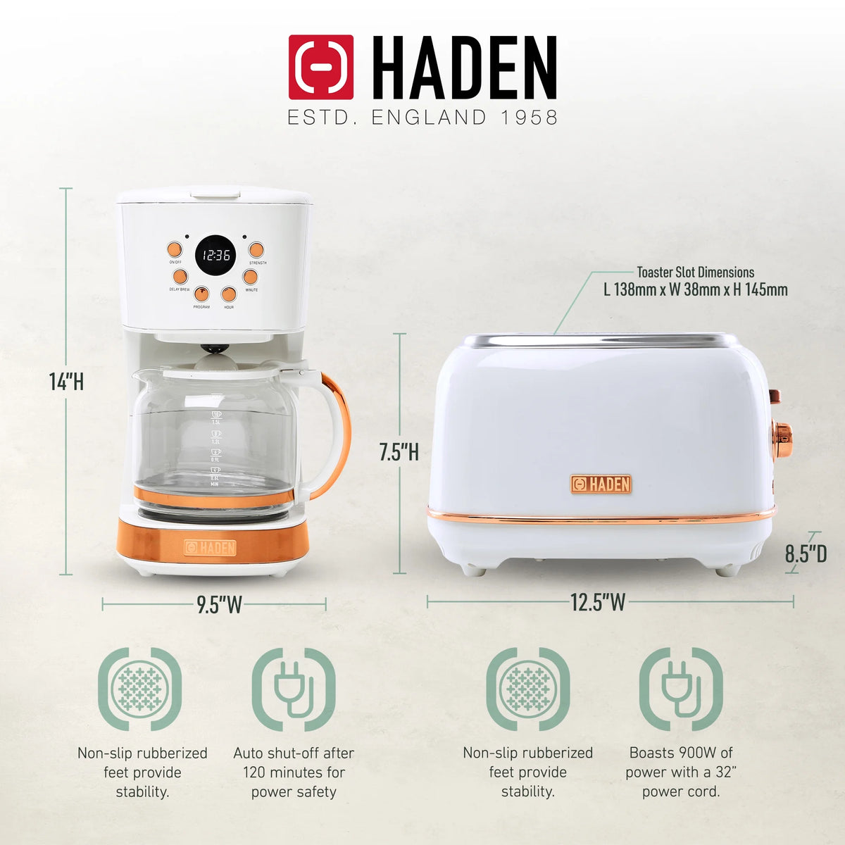 Haden 12 Cup Coffee Maker with 2 Slice Stainless Steel Bread Toaster, White