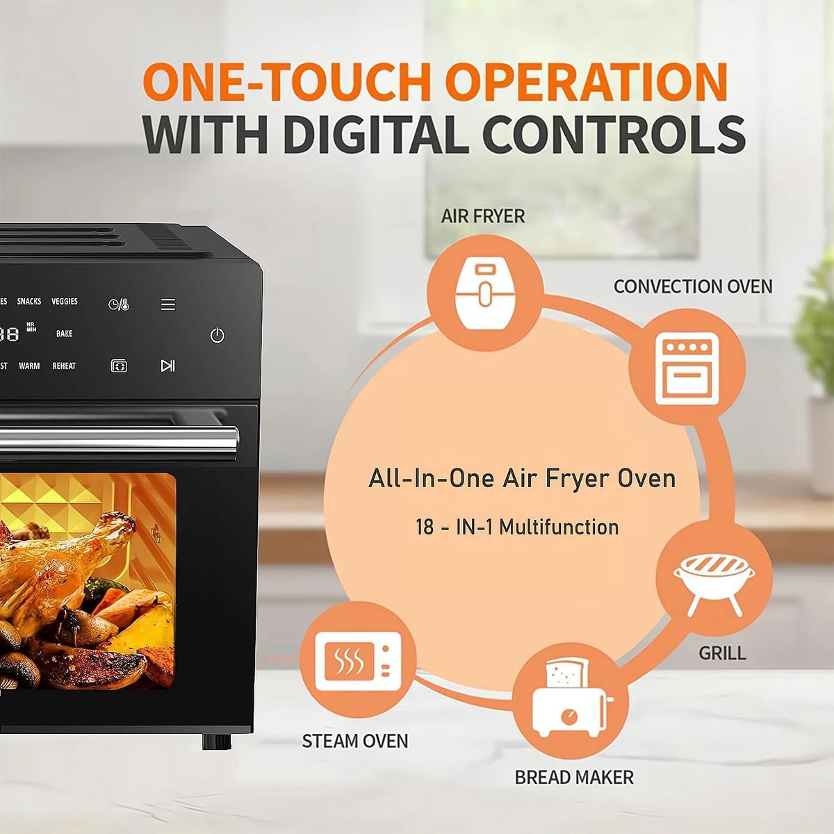Kitchen in the box 32 QT Air Fryer Oven, 18-in-1 Convection Oven Countertop with Baking, Dehydrate and Rotisserie, 6 Accessories, 1800W, Black