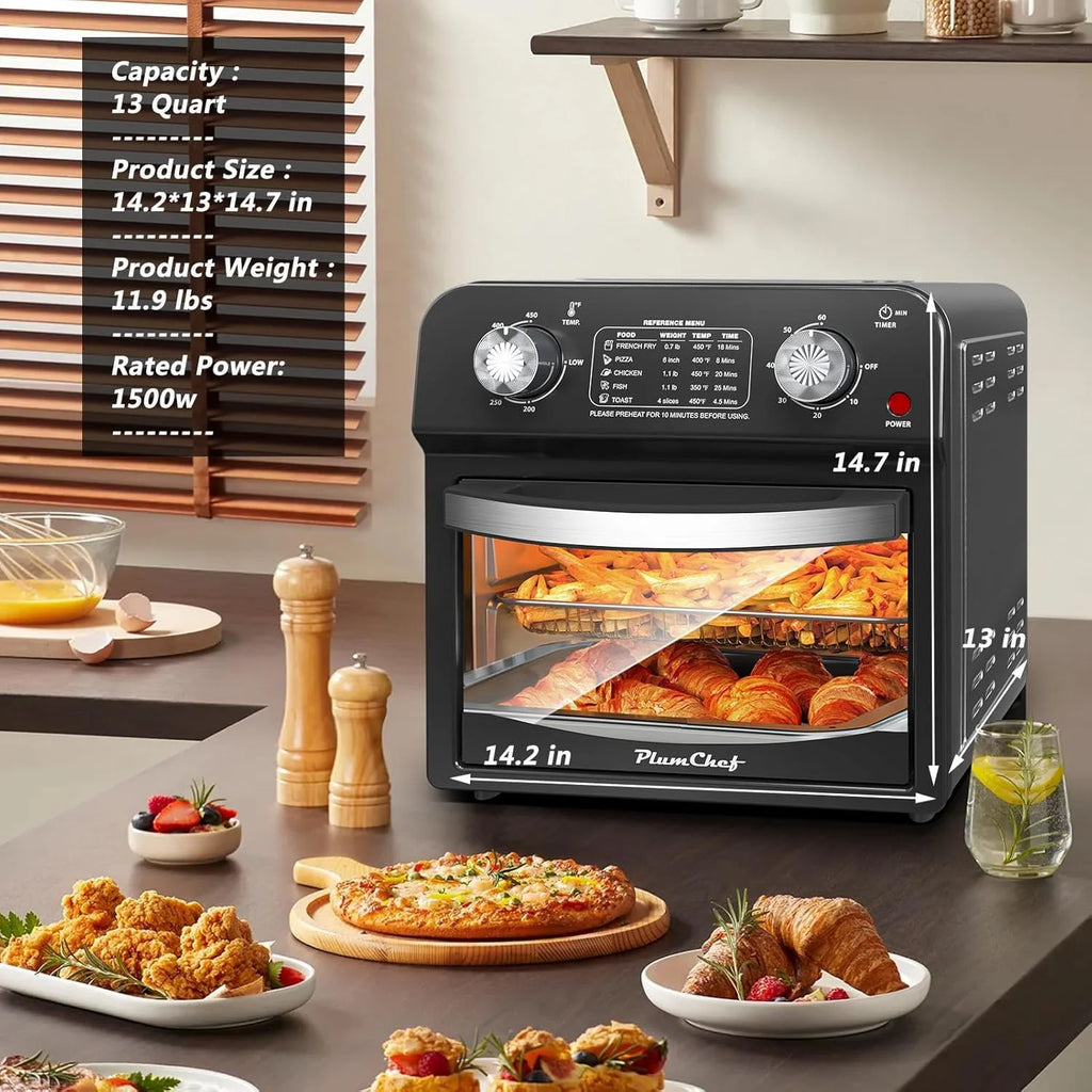 Plum Chef 13QT Air Fryer, 4-Slice Air Fryer Toaster Oven, Space Saving, Visible Window, Oil Free, 1500W, Black