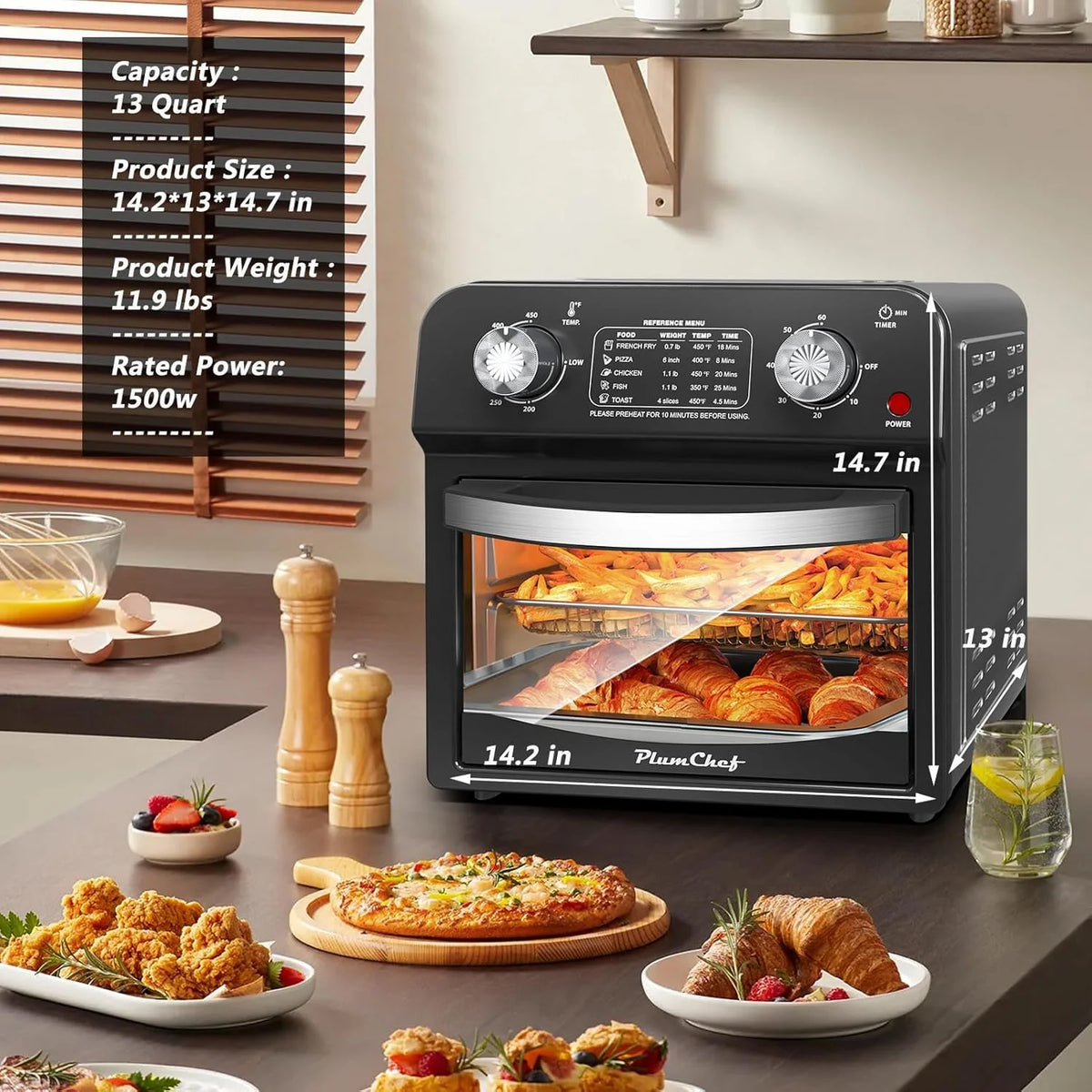Plum Chef 13QT Air Fryer, 4-Slice Air Fryer Toaster Oven, Space Saving, Visible Window, Oil Free, 1500W, Black