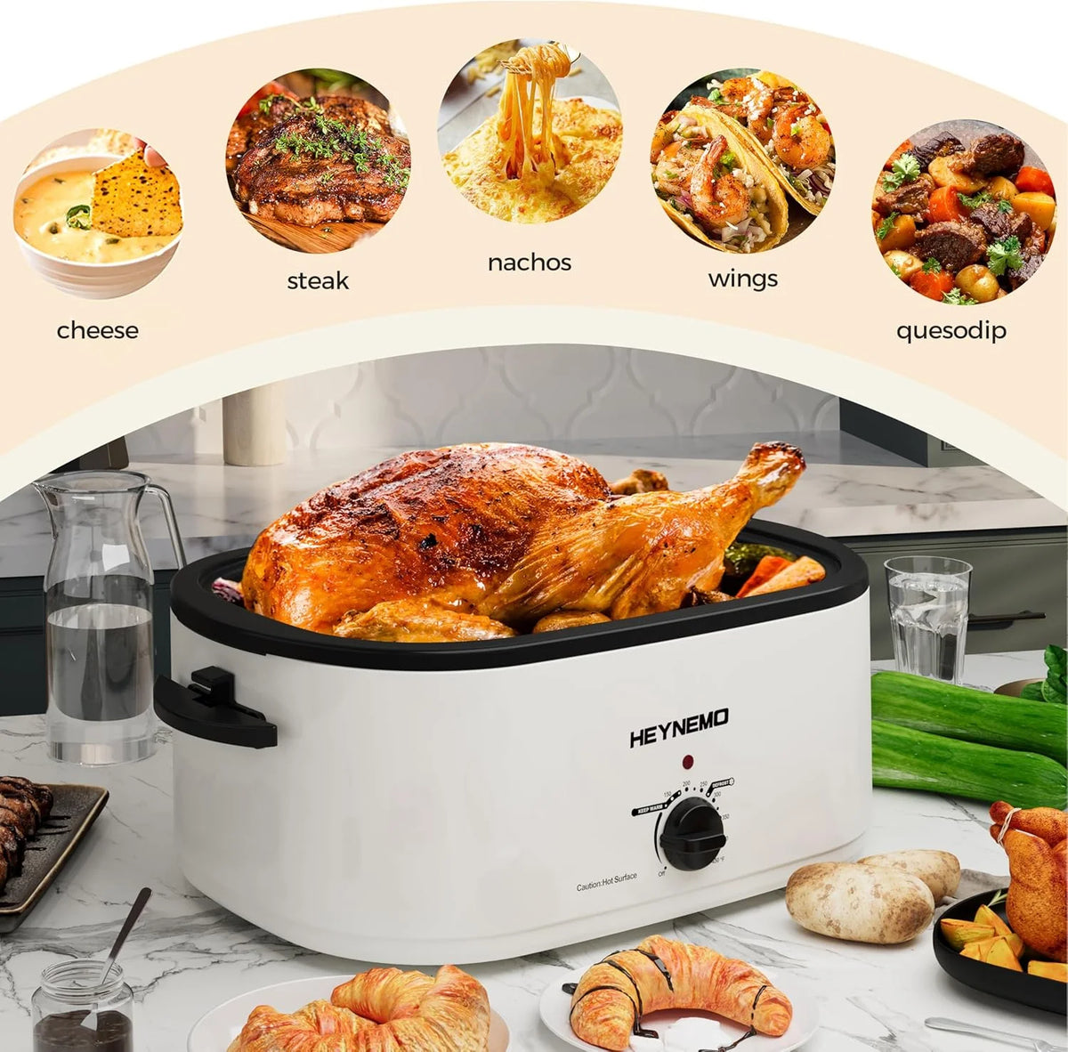 18 Quart Electric Roaster Oven, Turkey Roaster Electric, Roaster Oven Buffet, Selfbasting Lid, Removable Pan, Full-Range Temperature Control Cool-Touch Handles, White Body, Black Lid