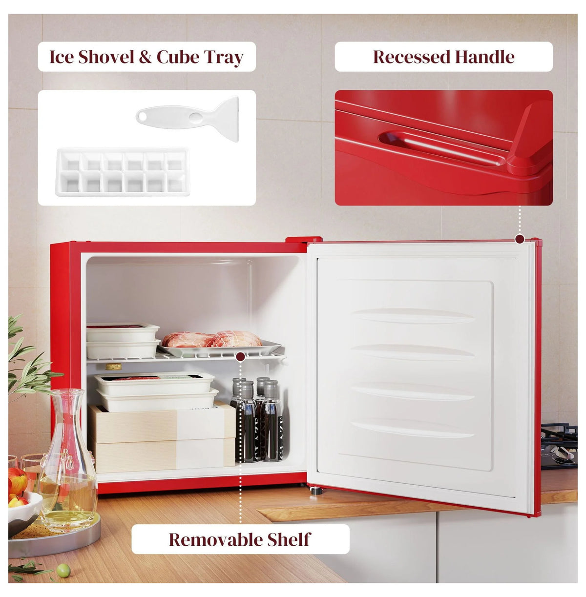 1.1 Cu.Ft Mini Freezer, Compact Upright Freezer - Red, Adjustable Temp, Removable Shelf - Ideal for Dorm, Office, RV & Apartments