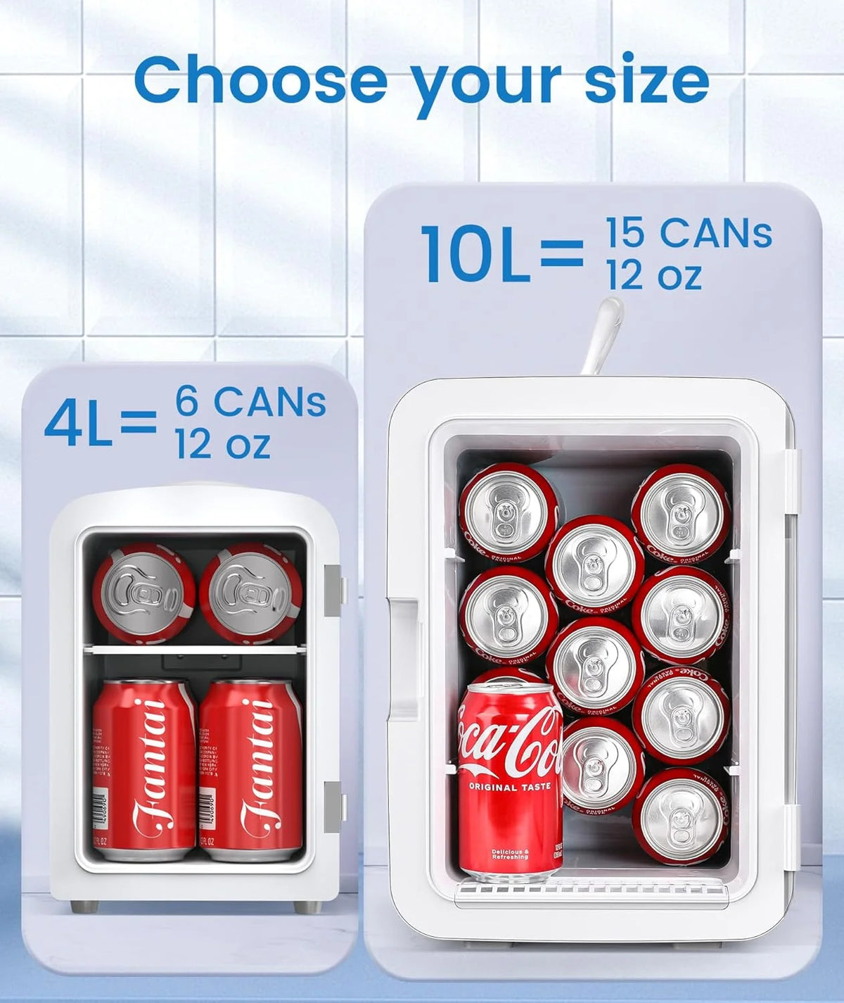 Compact  Fridge, 15 Can Portable Small Refrigerator with  Adapters, 10 Liter White Cosmetics Cooler for Beverage, Food, Skincare