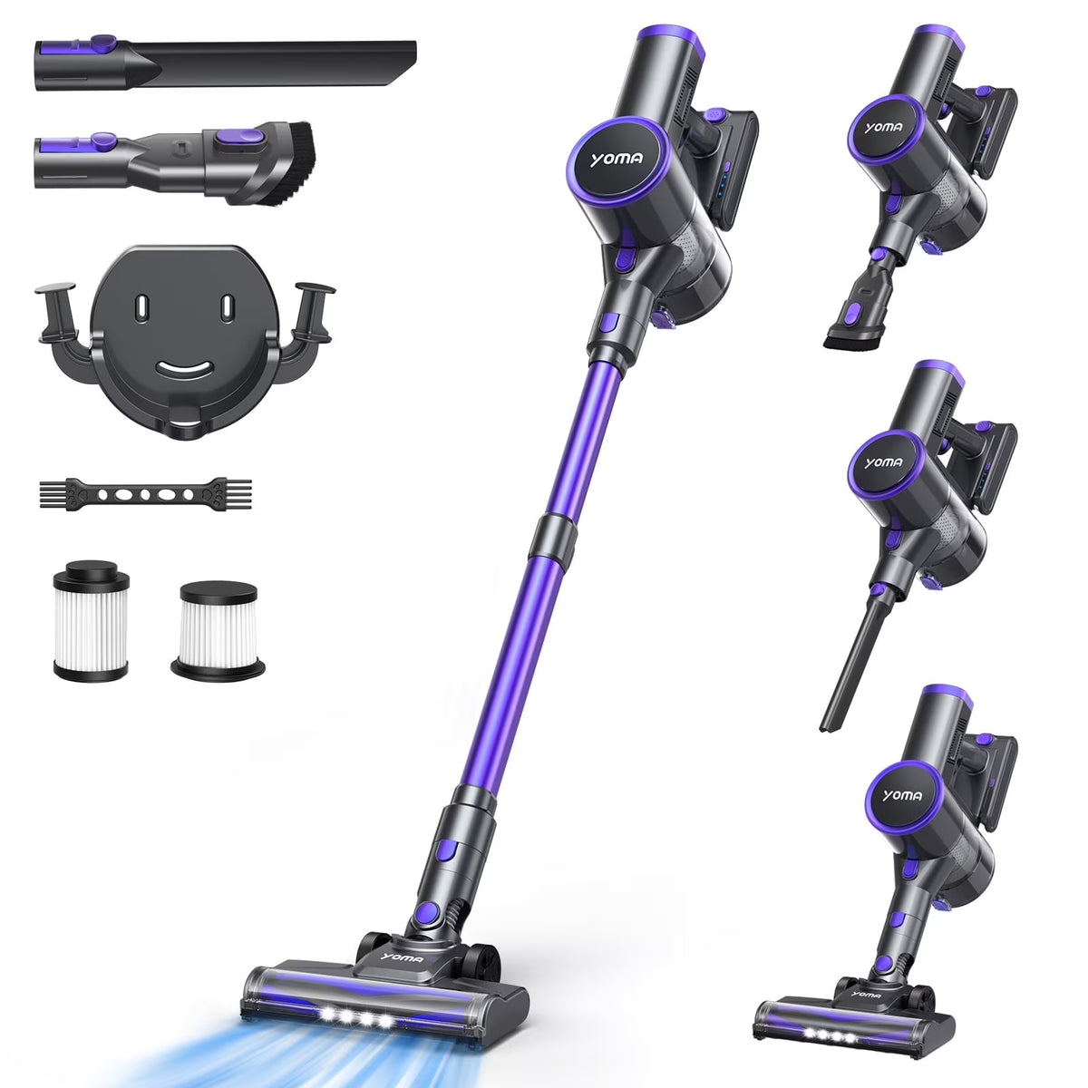 YOMA Cordless Vacuum Cleaner, 6-in-1 Rechargeable Stick Vacuum, 60mins Max Runtime, Lightweight 2200mAh Battery Powerful Vacuum Cleaner for Home Hard Floor Pet Hair-N12