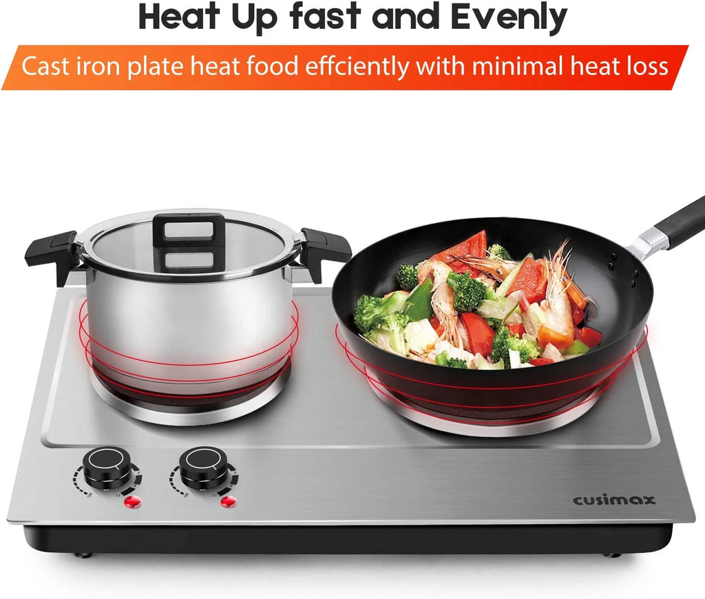CUSIMAX 1800W Portable Double Burner Hot Plate �?Stainless Steel Countertop Electric Cooktop with Dual Cast Iron Heating Plates, Easy-to-Clean Silver Design, Upgraded Version