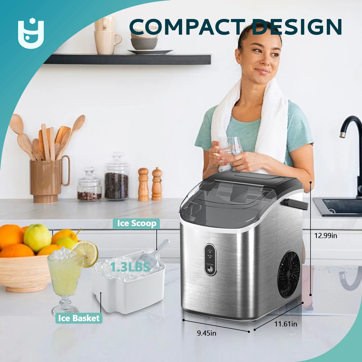 EUHOMY Nugget Ice Maker Countertop with Handle, Ready in 6 Mins, 34.5 lbs Per Day, Removable Top Cover, Auto-Cleaning, Black