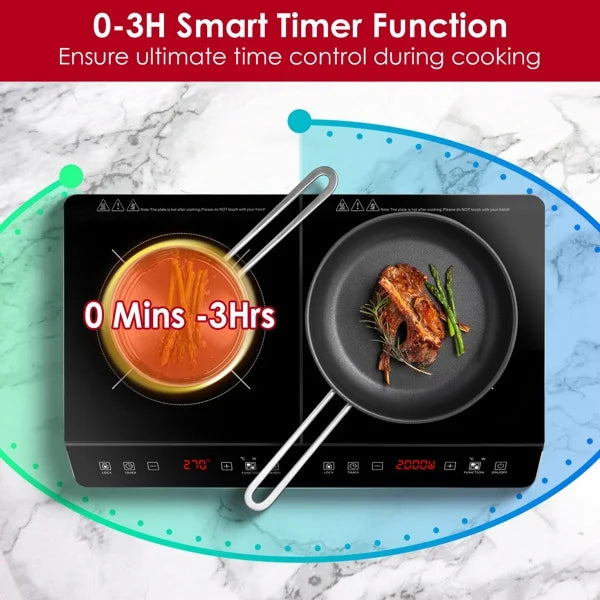 Dual Burner Induction Cooktop, 9 Power/Temperature Levels with Smart Timer, Safety Lock for Simmer/Fry/Boil