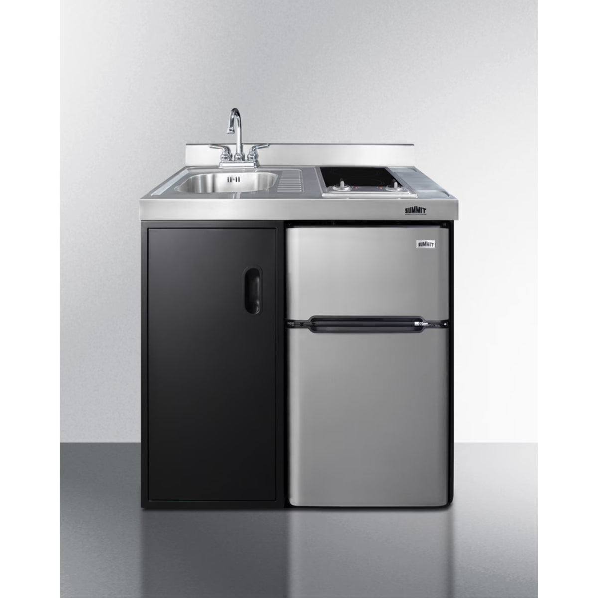 36" wide all-in-one kitchenette with 2-burner 115V smooth-top cooktop, refrigerator-freezer, sink, and storage cabinet