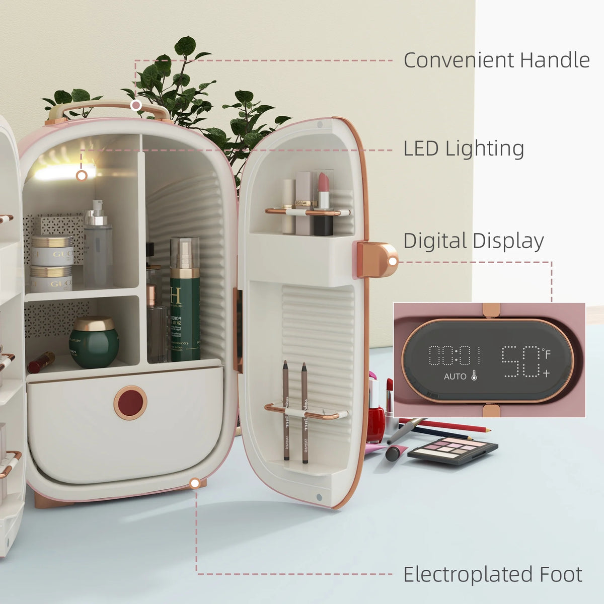 HOMCOM Portable Skincare Fridge with LED Display, 12L Mini Fridge for Beauty, Makeup and Cosmetics