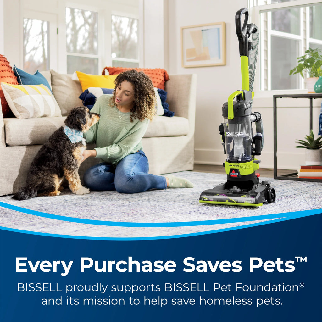 BISSELL Bagless Upright Vacuum, PowerForce Helix Rewind, Pet Deluxe, Live Extension Wand, ScatterFree Tech, Pet TurboBrush, Dusting Brush, Crevice Tool, XL Dust Cup, and Corded Rewind, 3335, Green