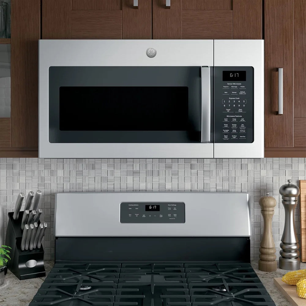 GE JVM6175SKSS 1.7 Cu. Ft. Over-the-Range Sensor Microwave Oven Stainless Steel Bundle with Deco Chef Pair of Red Heat Resistant Oven Mitt and 3 YR CPS Enhanced Protection Pack