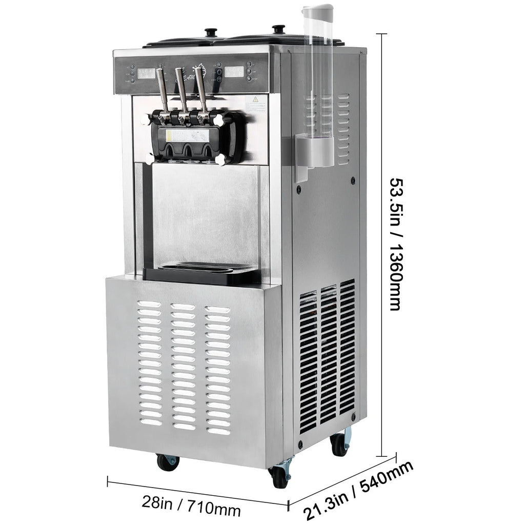 KFFKFF Soft Serve Ice Cream Machine for Commercial Use, 34-44 L/H Production, 3400W, Triple Flavor, Freestanding Design, Dual 9L Stainless Hoppers, LED Control for Single Cylinder