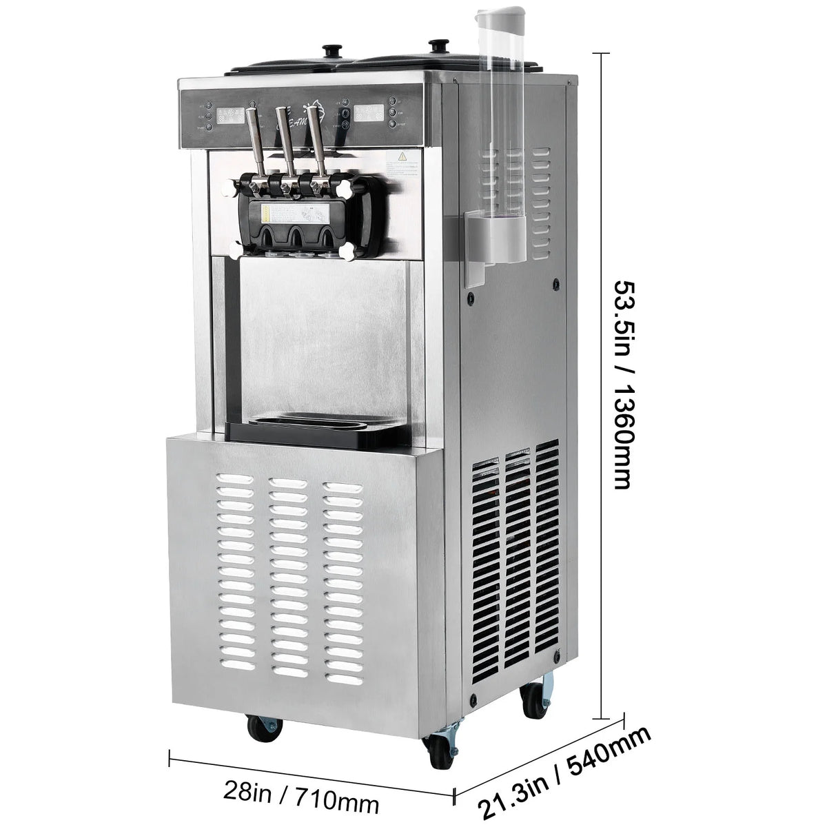 KFFKFF Soft Serve Ice Cream Machine for Commercial Use, 34-44 L/H Production, 3400W, Triple Flavor, Freestanding Design, Dual 9L Stainless Hoppers, LED Control for Single Cylinder