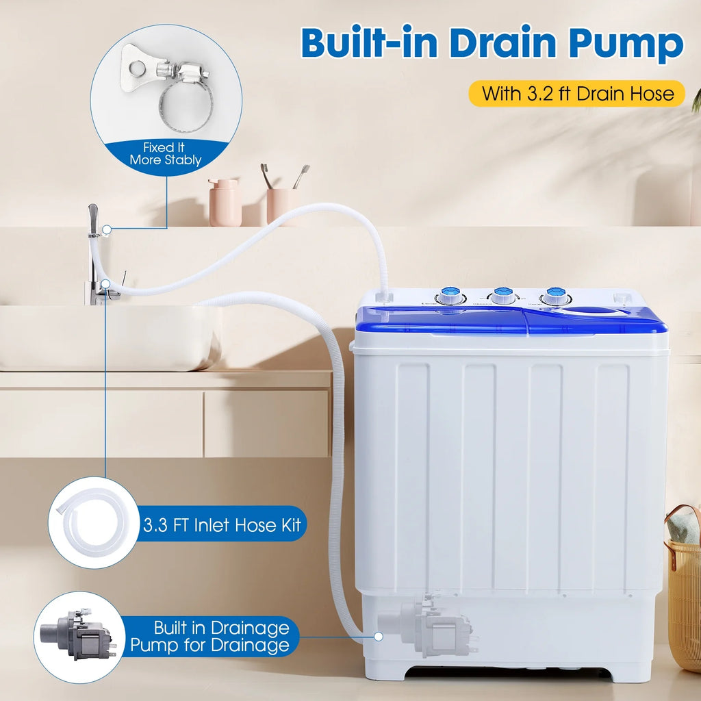 Clickoods 28lbs Portable Washing Machine Twin Tub, Compact Washer with Drain Pump, Semi-Automatic washer dryer combo, Blue