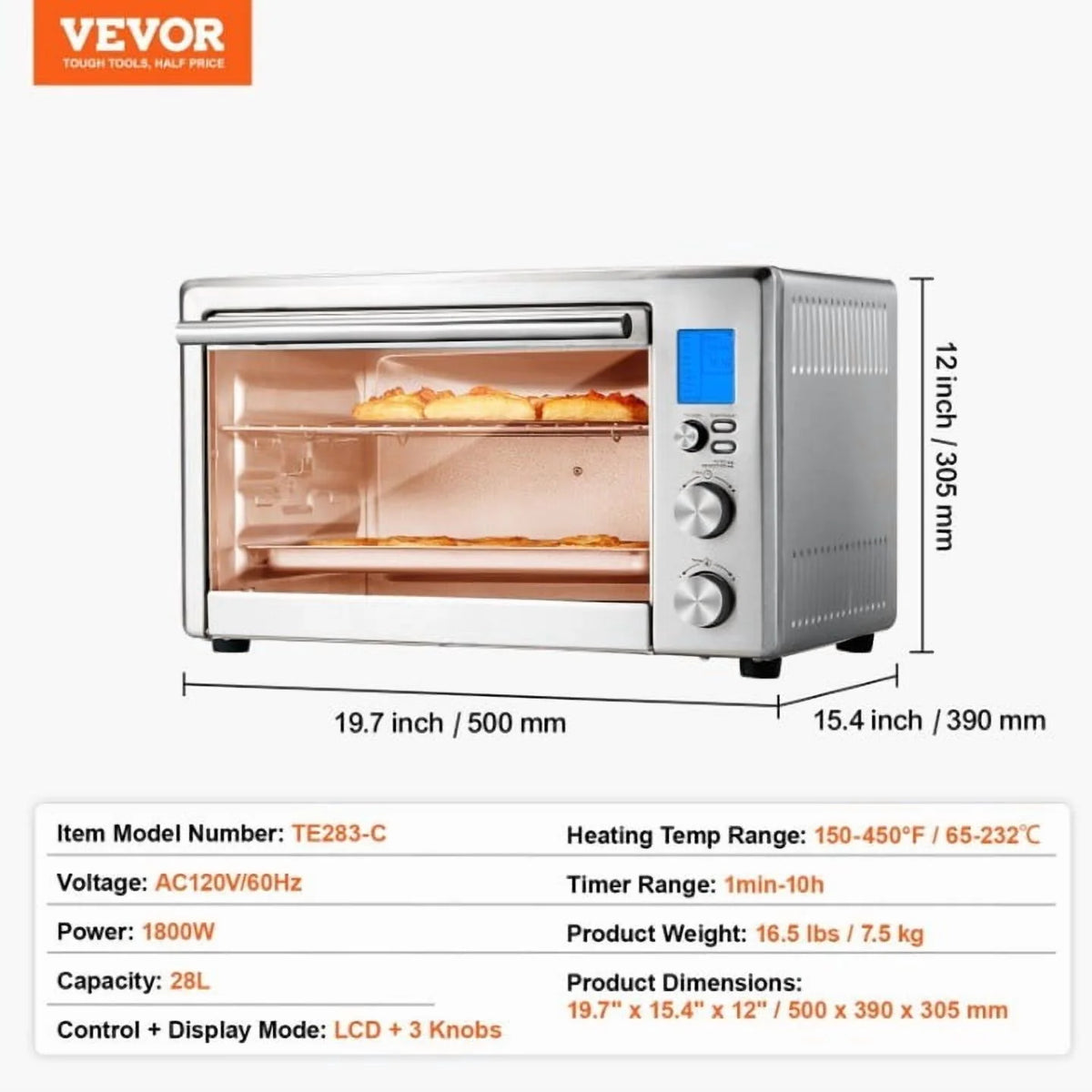 10-in-1 Countertop Convection Oven, 28L Toaster Oven with Air Fryer, 1800W Bake Rotisserie & Toast, Includes Pan & Rack