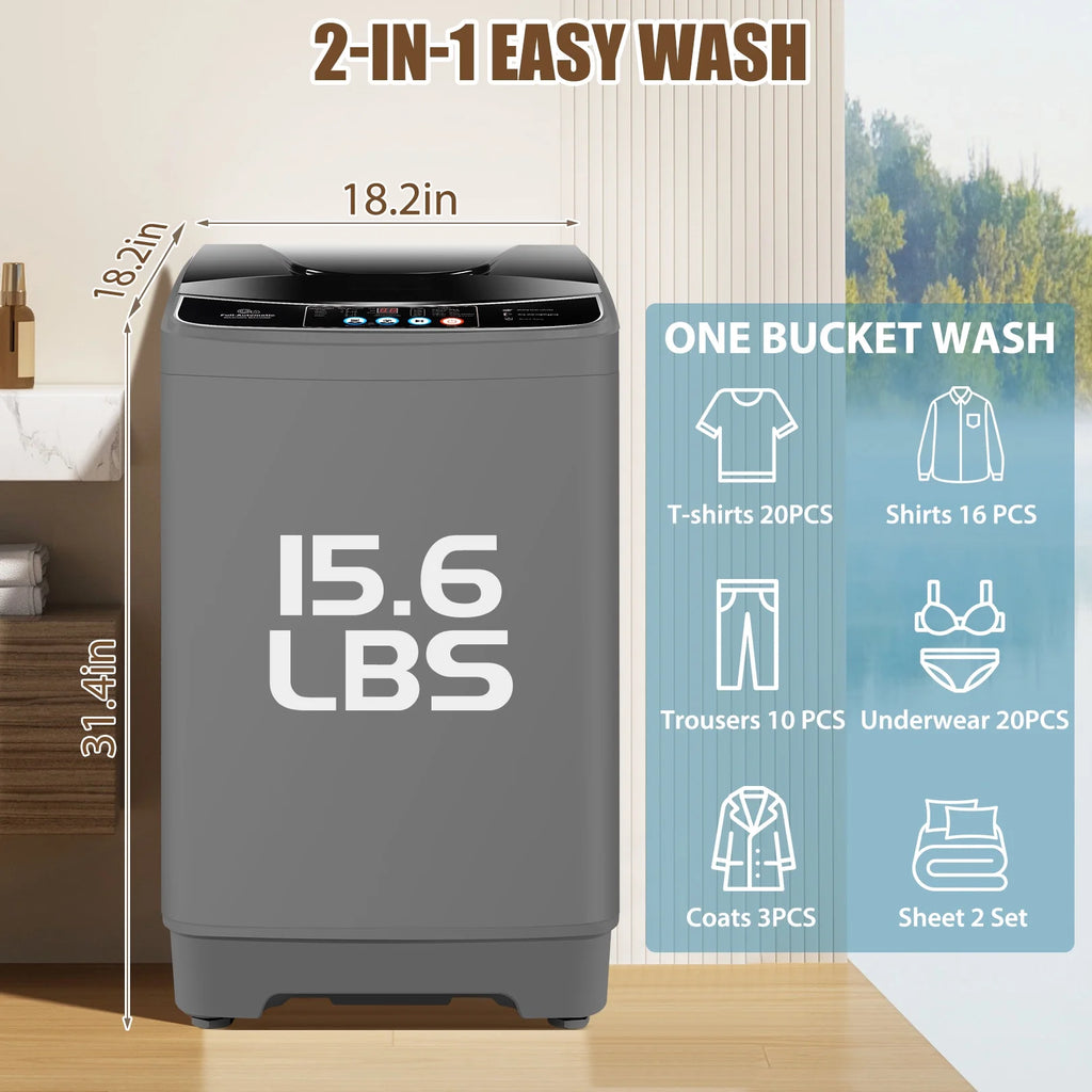 Veeboto Portable Washing Machine 15.6lbs Full-Automatic Washer, Compact Wash & Dry Combo with Drain Pump for Home, Dorms, Apart, White