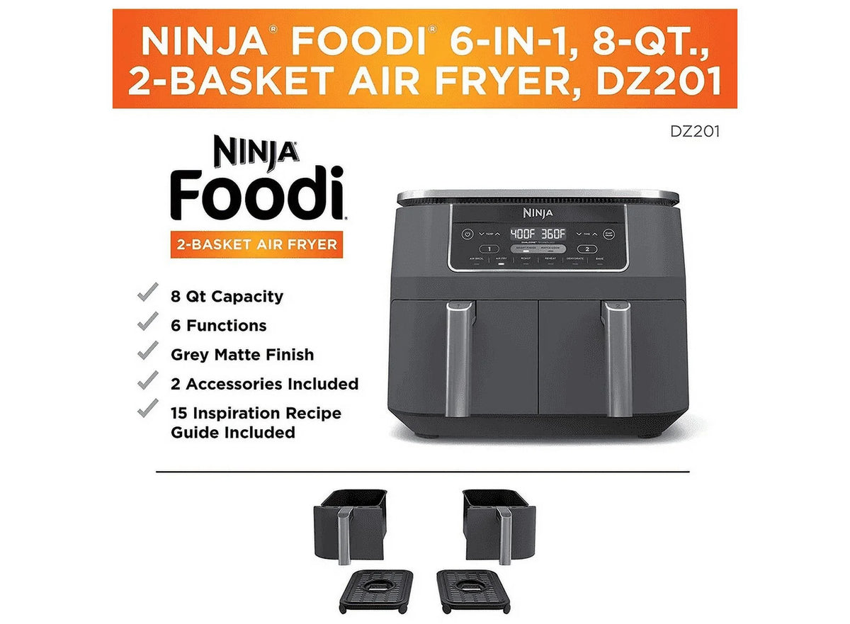 Restored Ninja Foody DZ201 6-in-1 8-qt. 2-Basket Air Fryer with Dual Zone Technology (Refurbished)