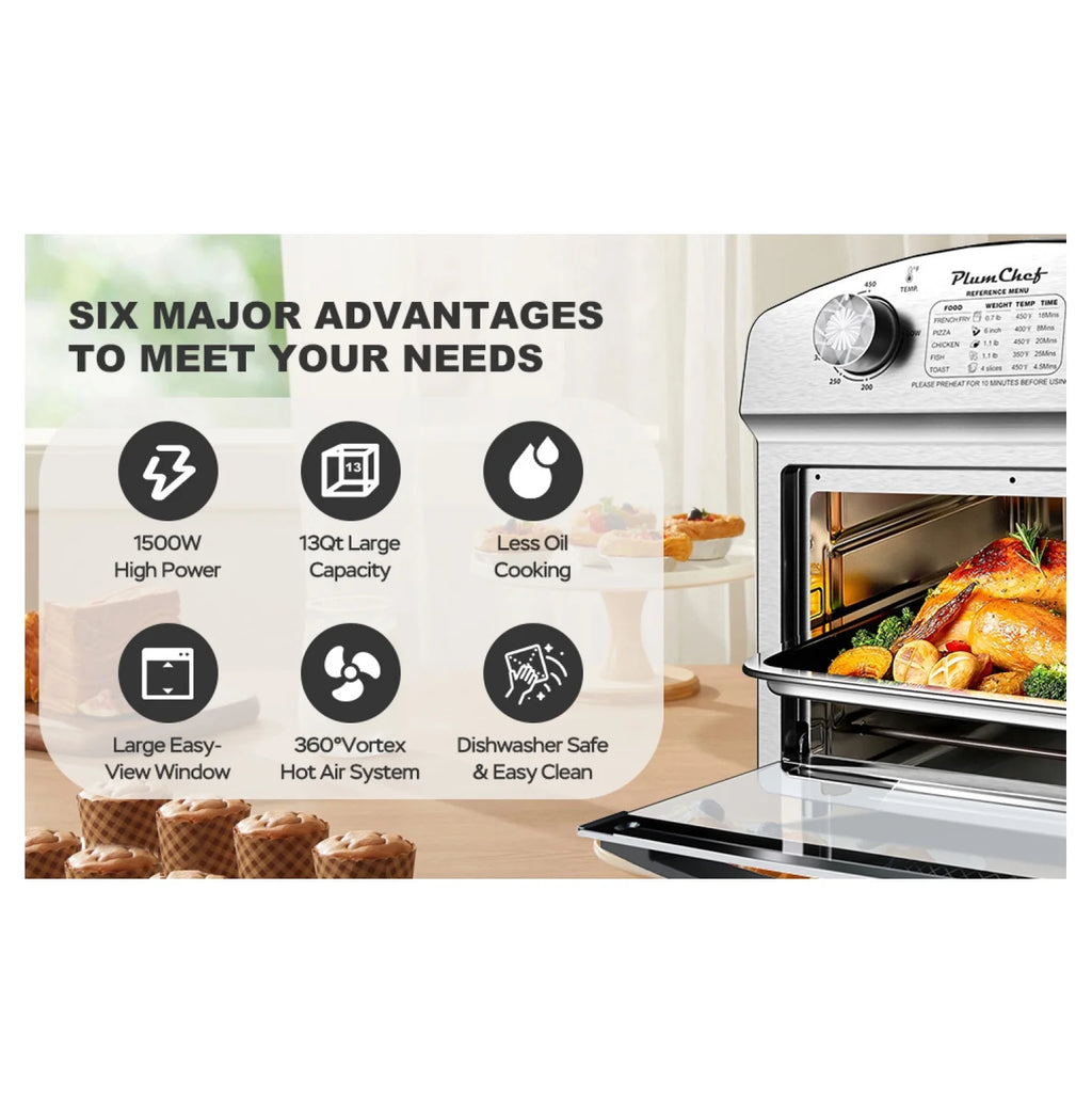 12.5 Quart 7-in-1 Convection Toaster Oven, 1500W, Stainless Steel, with 5 Pre-Set Menus �C Roast, Bake, Grill, Broil, Toast, Dehydrate & Defrost, Silver