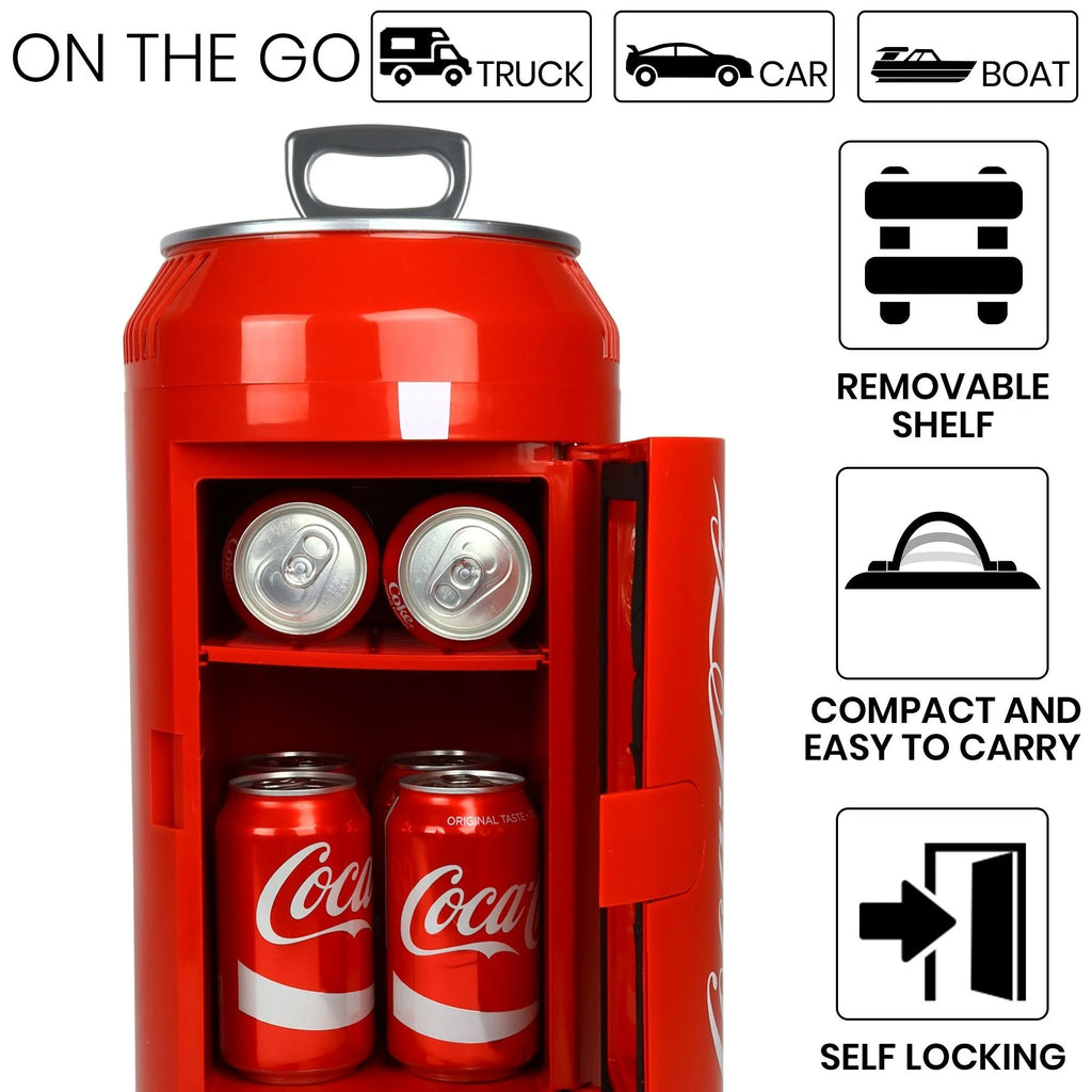 Coca-Cola 8 Can Portable Mini Fridge w/ 12V DC and 110V AC Cords, 5.4L (5.7 qt) Can Shaped Personal Cooler, Red, Travel Fridge for Drinks, Snacks, Lunch, Home, Office, Dorm Room, RV