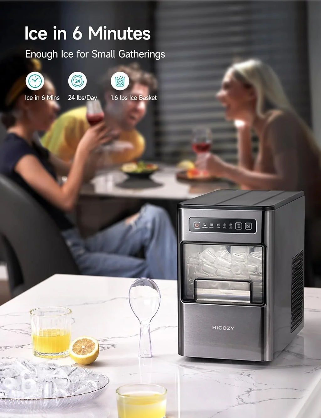 HiCOZY Ice Maker Portable Countertop, Ice Machine Countertop Ice in 6 Mins, 24 lbs/Day, Icemaker with Ice Scoop, for Gifts