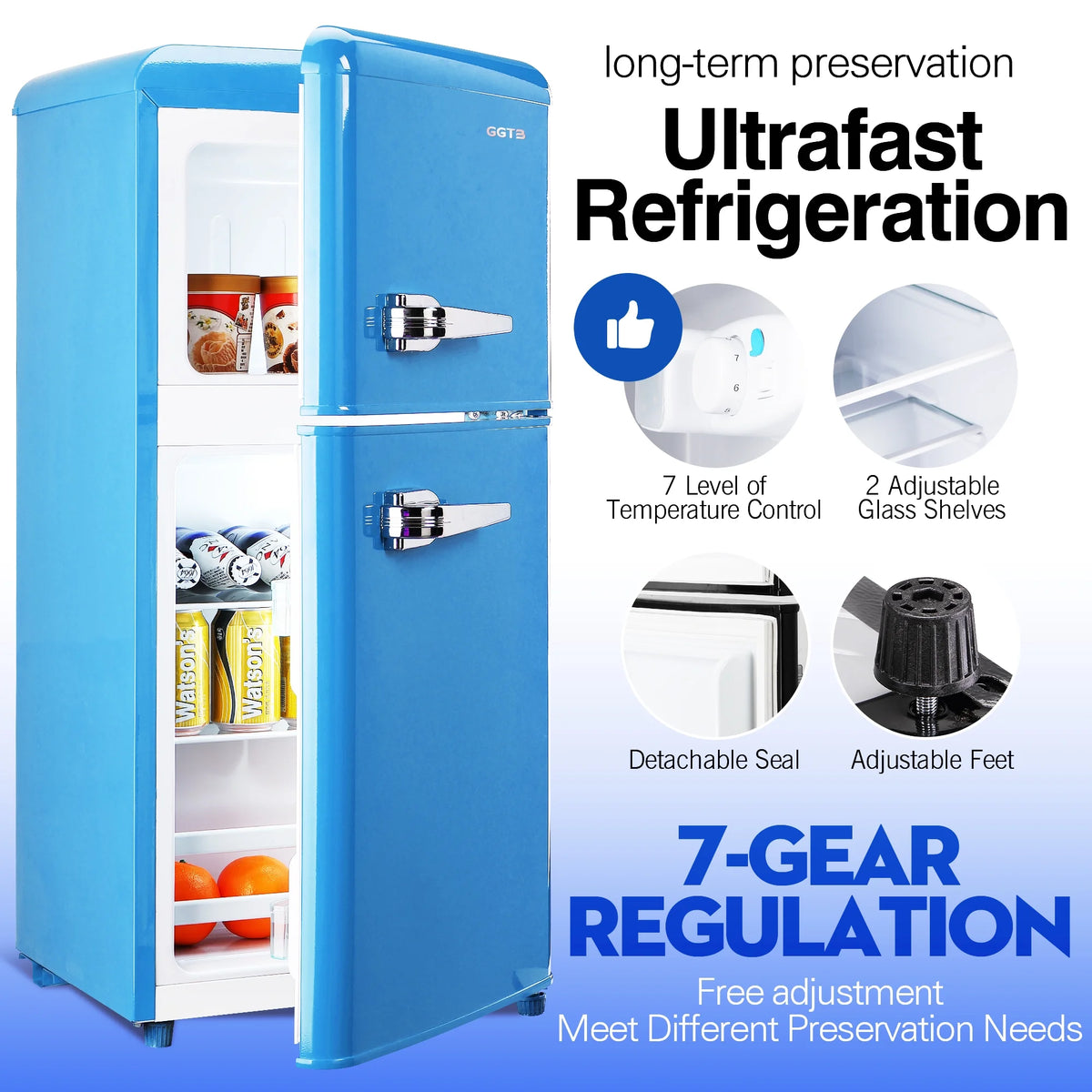 GGTB 3.0 Cu.Ft Two Door Small Refrigerator with Freezer, Compact Retro Small Refrigerator for Dorm, Office, Bar, RV, Bedroom, Blue