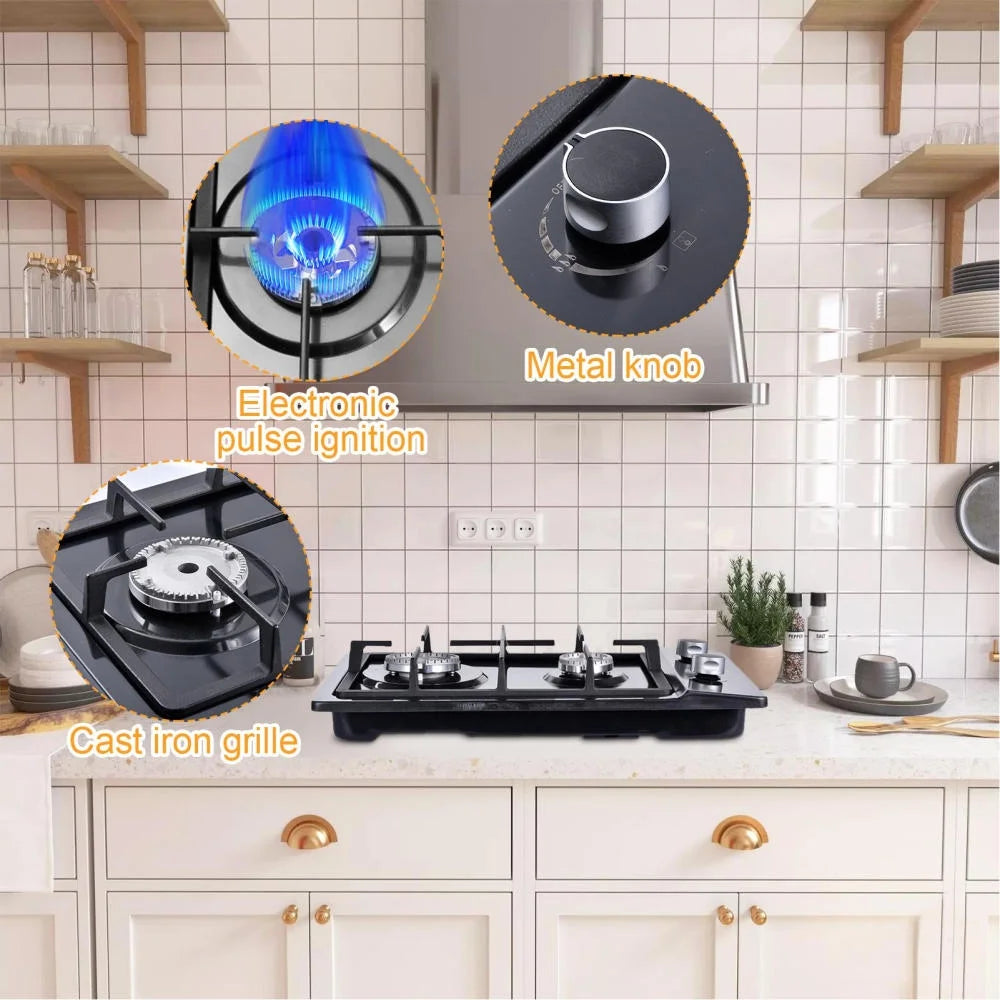 24 Inch Propane Stove Indoor, 4 Built in Thermocouple Protection Propane Cooktop with Powerful Built-in Burners, Multi-Function Tabletop Stove for Kitchen Cooking