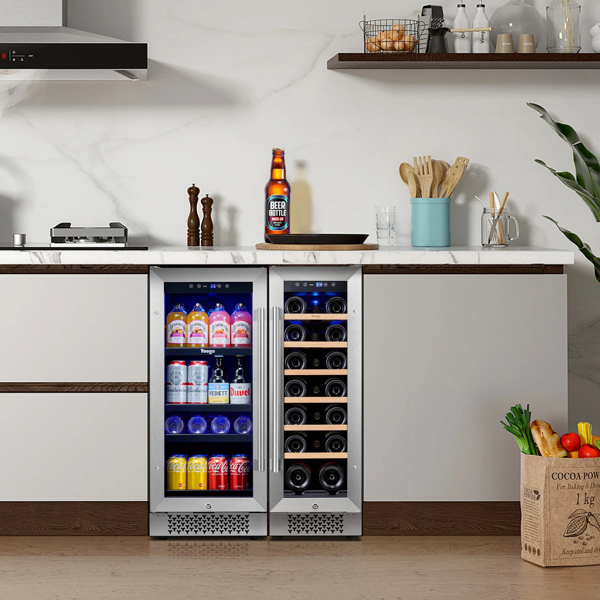 Yeego 30" Wine and Beverage Refrigerator,Two 15" Wine and Beverage Cooler Under Counter or Freestanding, Hold 33 Bottles and 80 Cans(Two Pack)