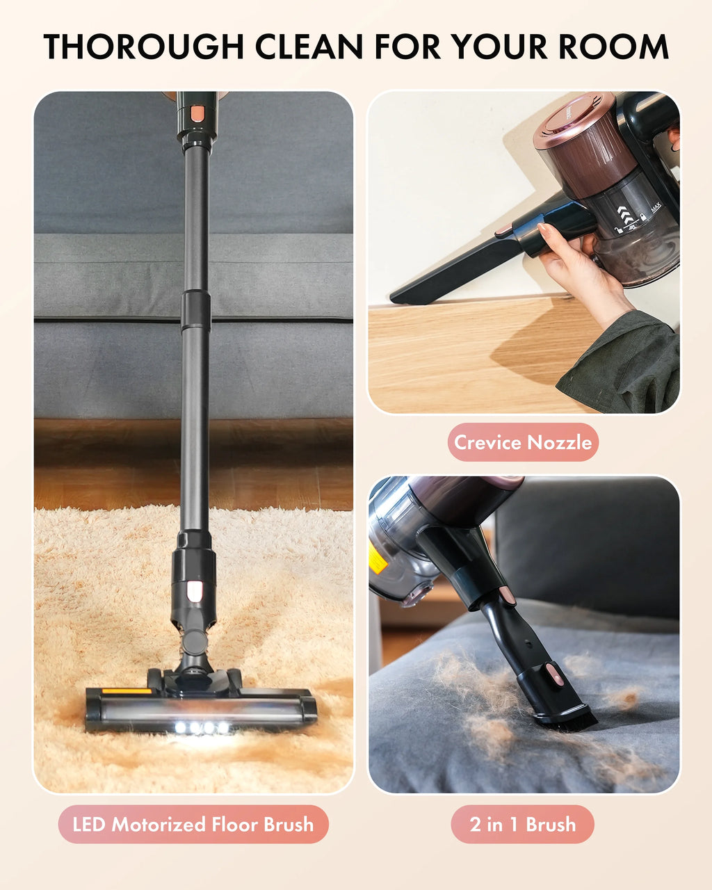 Homeika H320 Cordless Vacuum Cleaner, 28KPA Powerful Suction 8-in-1 Multi-Tool 55min Runtime LED Motorized Brush One-Click Dust Emptying for Pet Hair and Allergies,Pink
