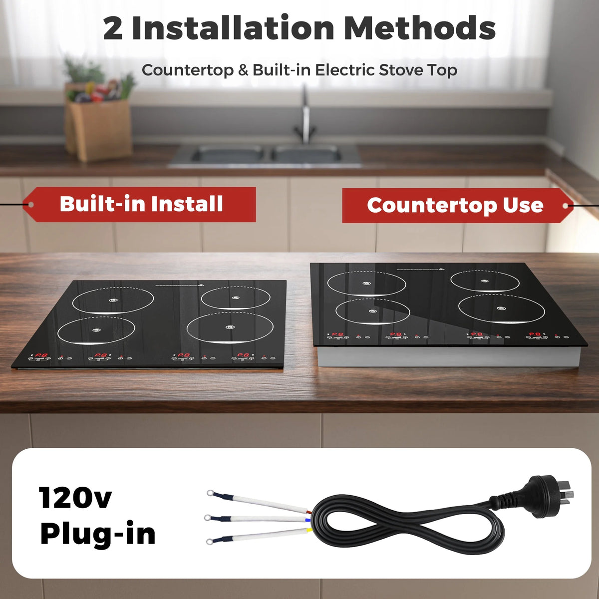 Advwin  4 Burner Electric Stove Top��24 Inch Built-in Electric Stove Top,6000W Electric Ceramic Cooktop with 4H Timer, Kid Safety Lock and Knob Control, 9 Heating Level,220v(No Plug)