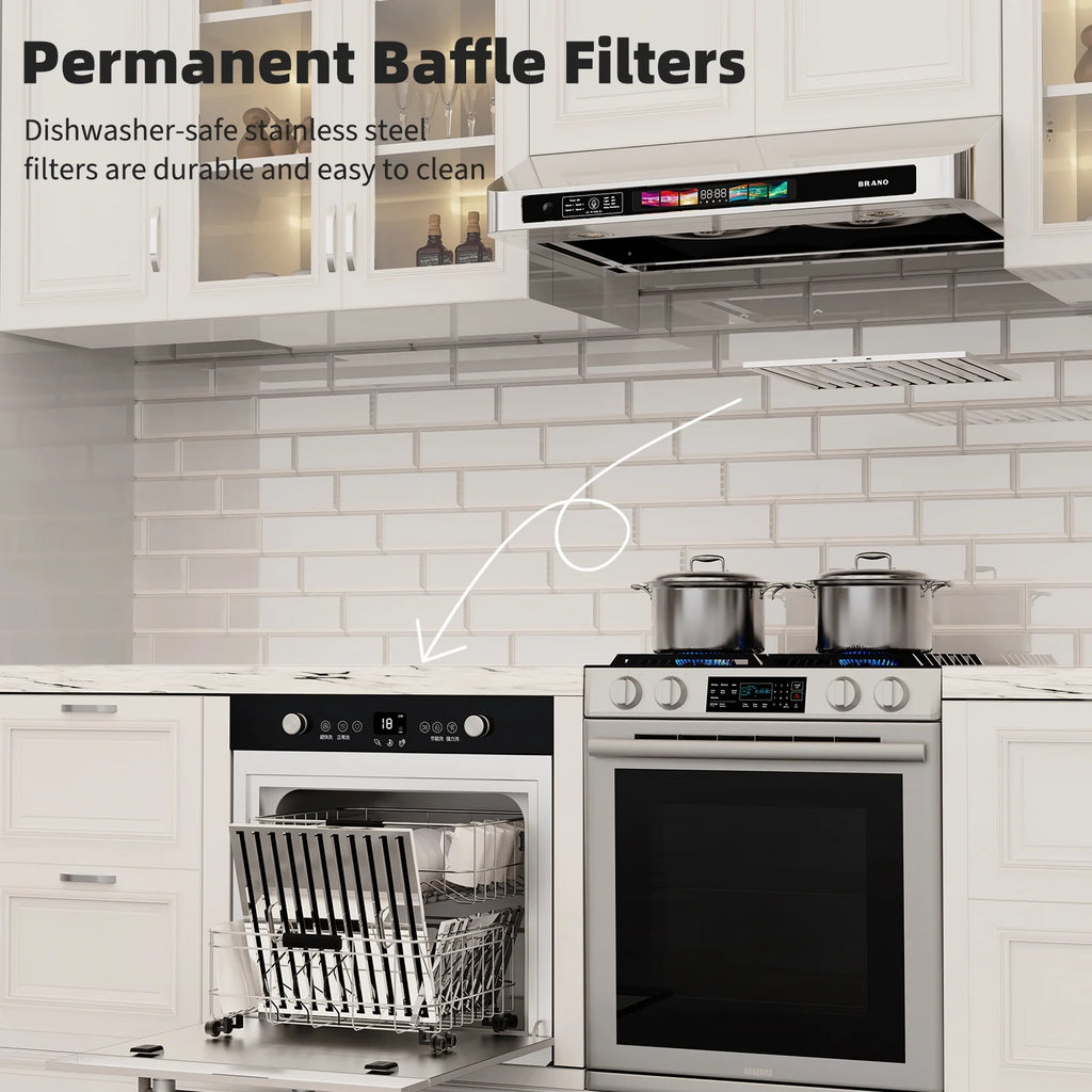 Brano 30 Inch 900 CFM Ducted Under Cabinet Range Hood in Stainless Steel with Voice, Gesture, and Touch Control