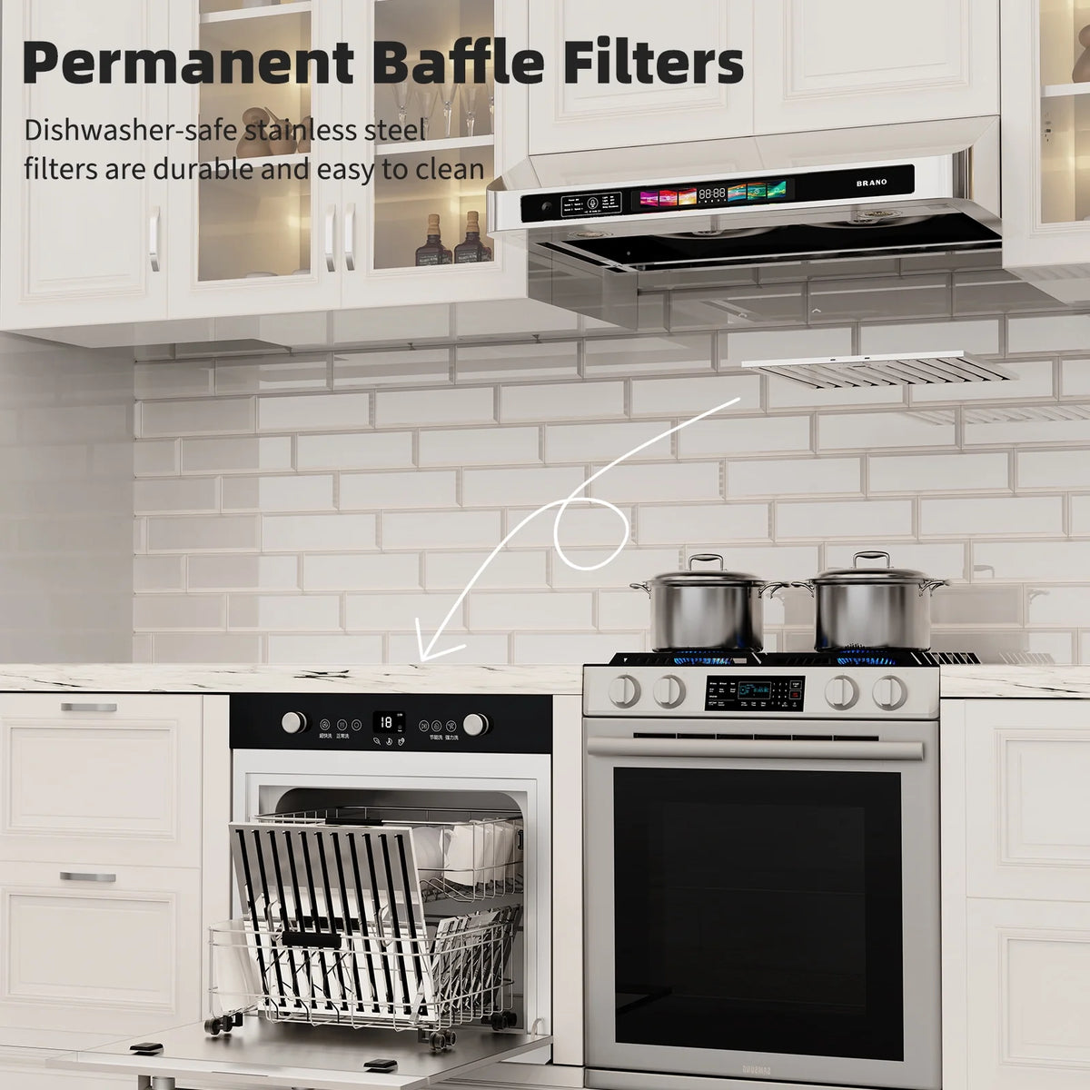 Brano 30 Inch 900 CFM Ducted Under Cabinet Range Hood in Stainless Steel with Voice, Gesture, and Touch Control