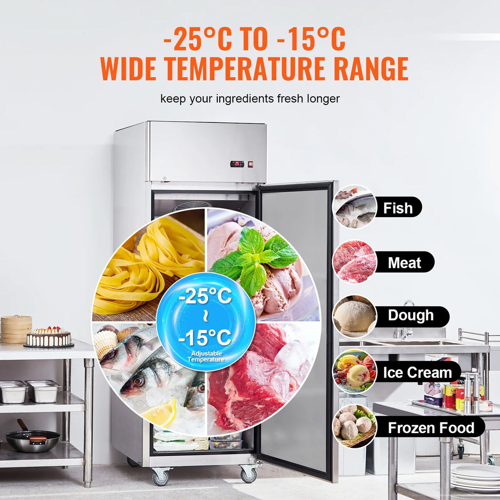 KFFKFF Commercial Reach-In Refrigerator 19.32 Cu.ft Upright Freezer 1 Door 4 Shelves 4 Wheels 27" Width