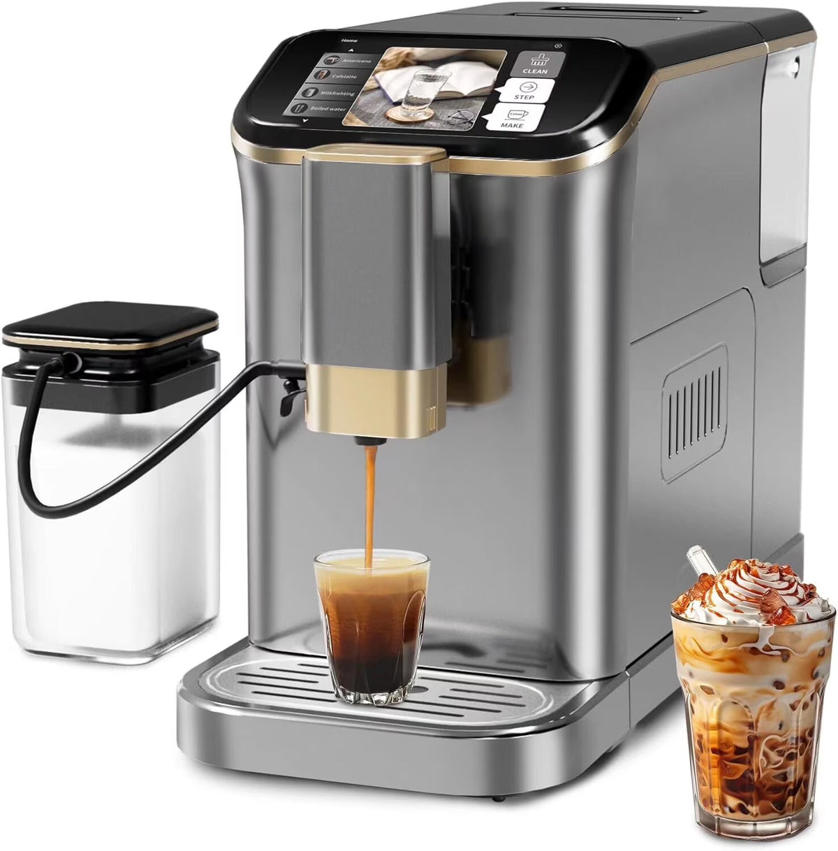 Fully Automatic Coffee Maker with Built-In Grinder and Milk Frother, Touch Screen 20 Bar High Pressure Espresso Machine with Adjustable Temperature and Strength for Home, Office