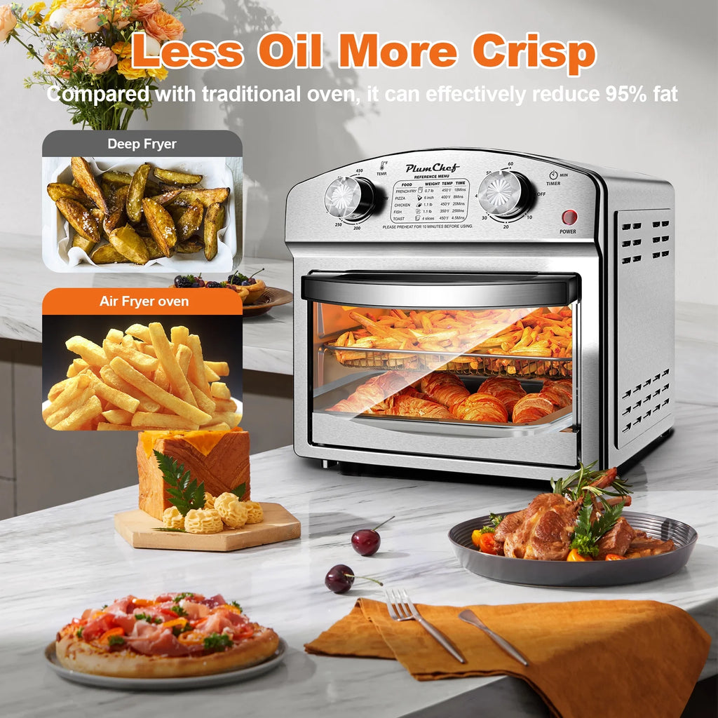 PlumChef 13 Quart 4 Slices Air Fryer Convection Toaster Oven, 1500W, 7 in 1 Multifunction with Roast, Bake, Grill, Broil, Toast, Dehydrate, Defrost, Stainless Steel